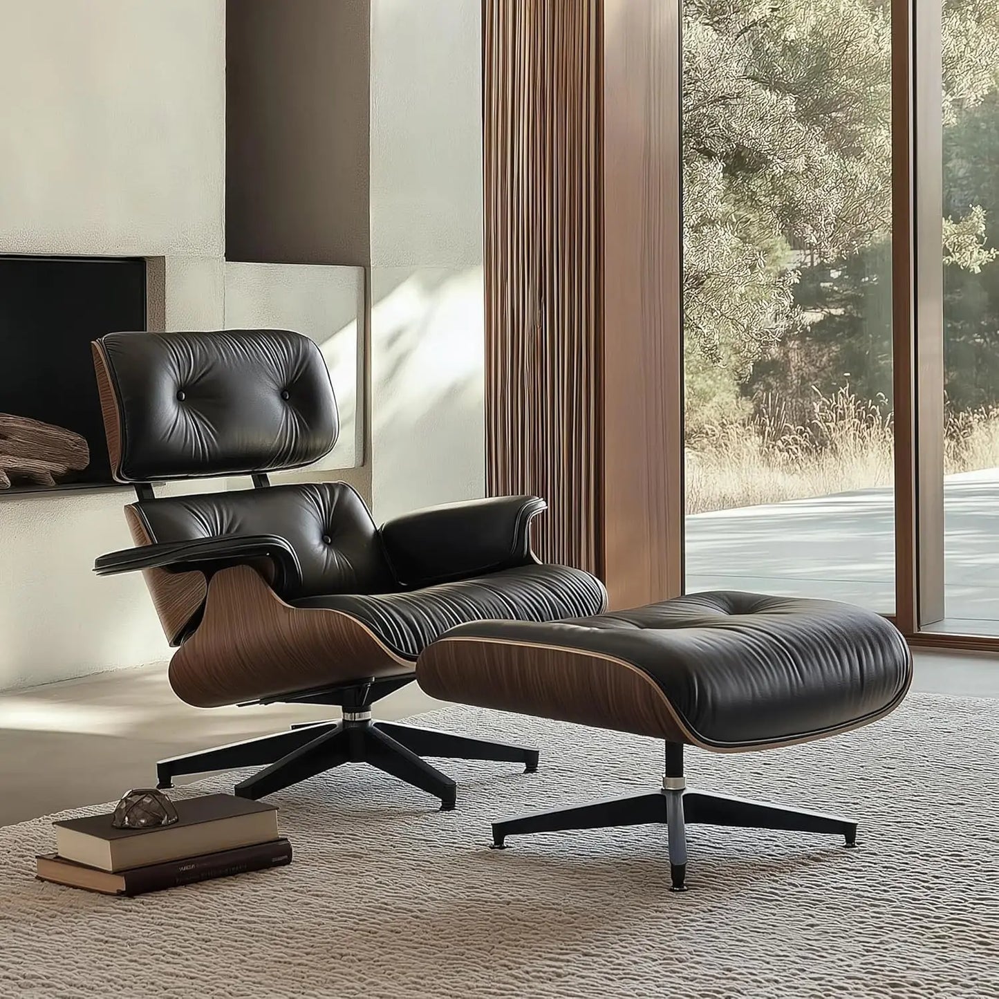 ZHUXIANG Grain Leather Mid Century Chaise Lounge Chair And Ottoman Ash Wood Base