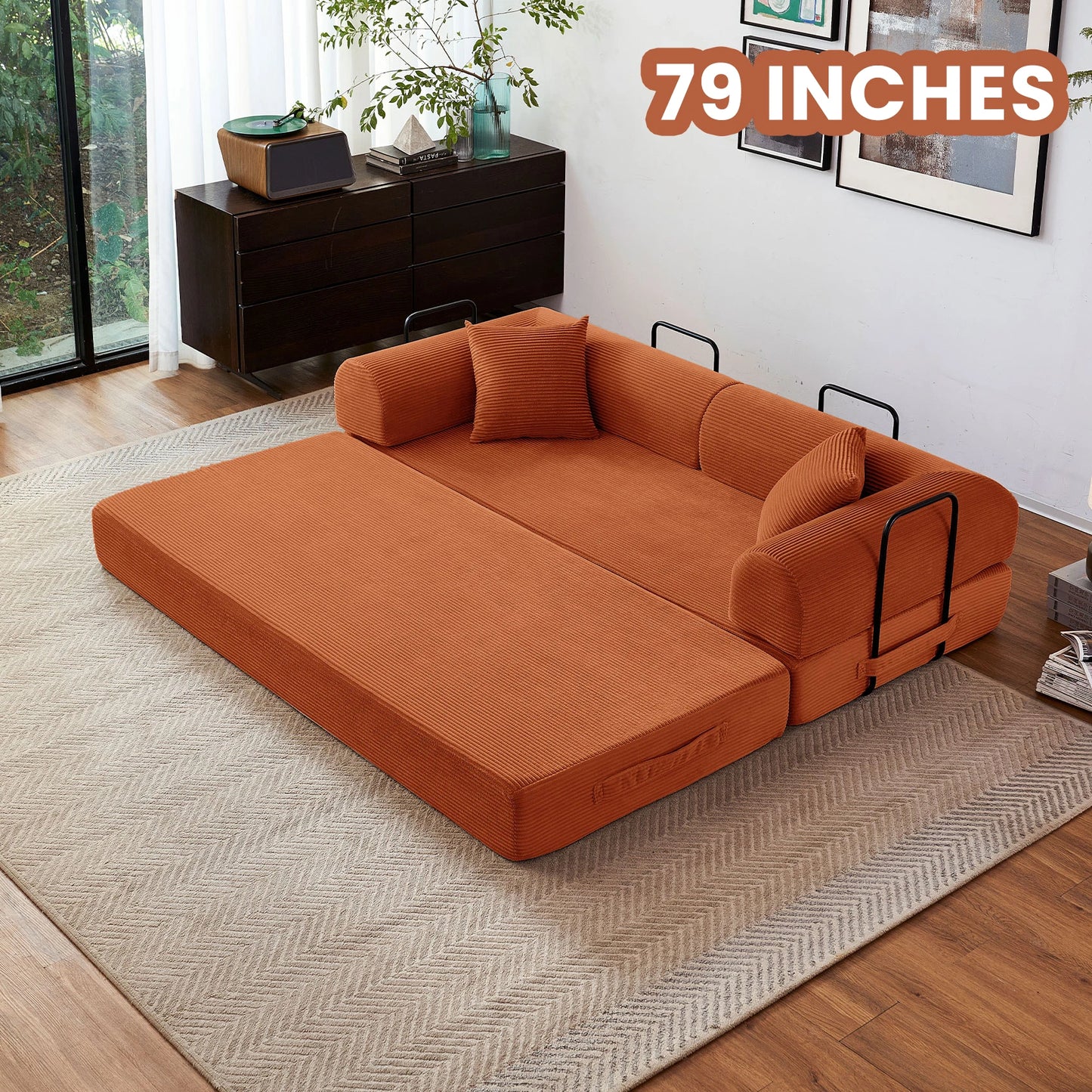 Foldable Convertible Futon Sofa Bed With L-Shaped Armrests Living Room