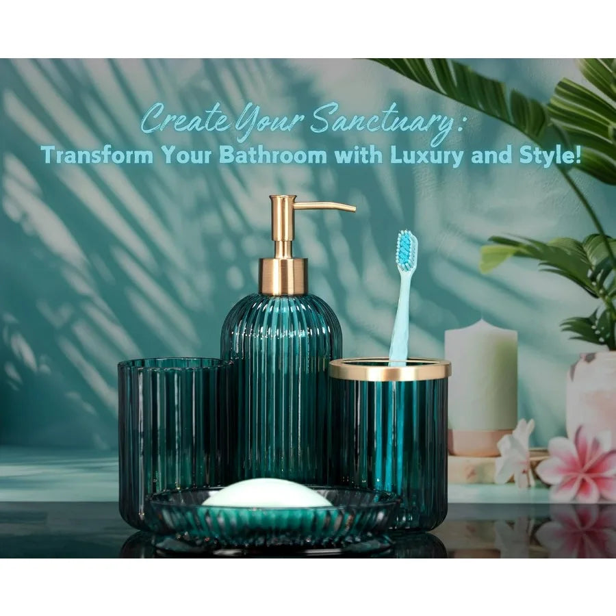 Brushed Metal Patterned Glass Bathroom Accessory Set 4 Piece