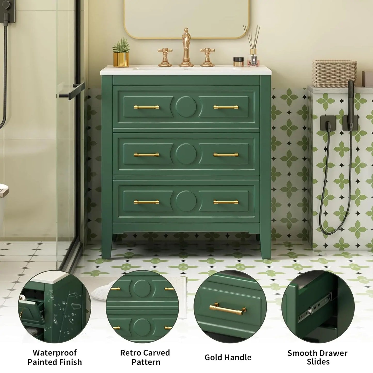 Solid Wood Bathroom Vanity With Ceramic Sink, Tip-Out Drawers