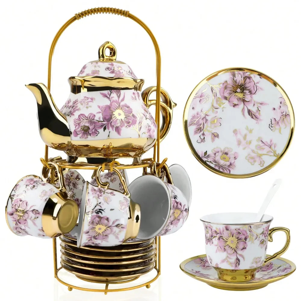 XMSJ Floral Porcelain Tea Set With Elegant Serving Tray