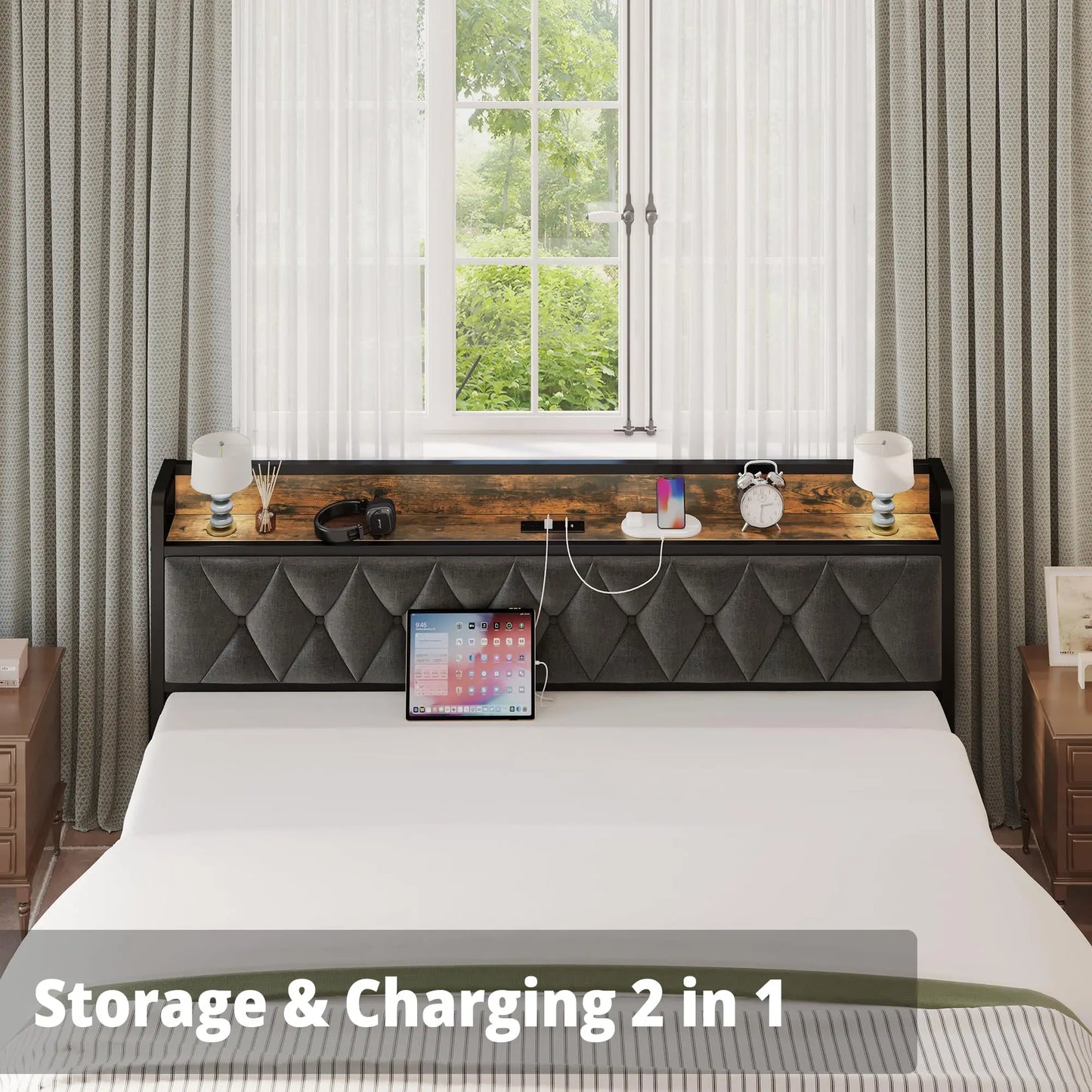 ANCTOR Bed Frame With Storage Headboard And Outlets No Box Spring