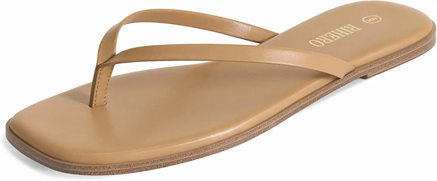 Womens Leather Thong Sandals Square Toe Slip On Beach Dressy