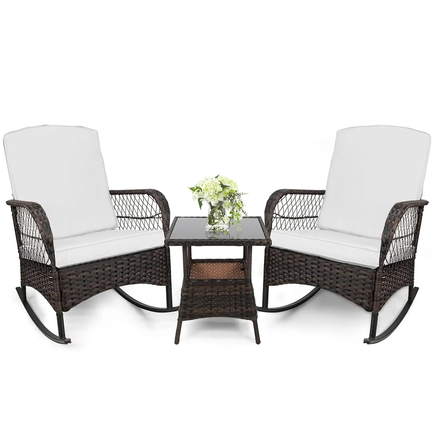 Outdoor Rocking Bistro Set With Glass Table PE Wicker 3-Piece