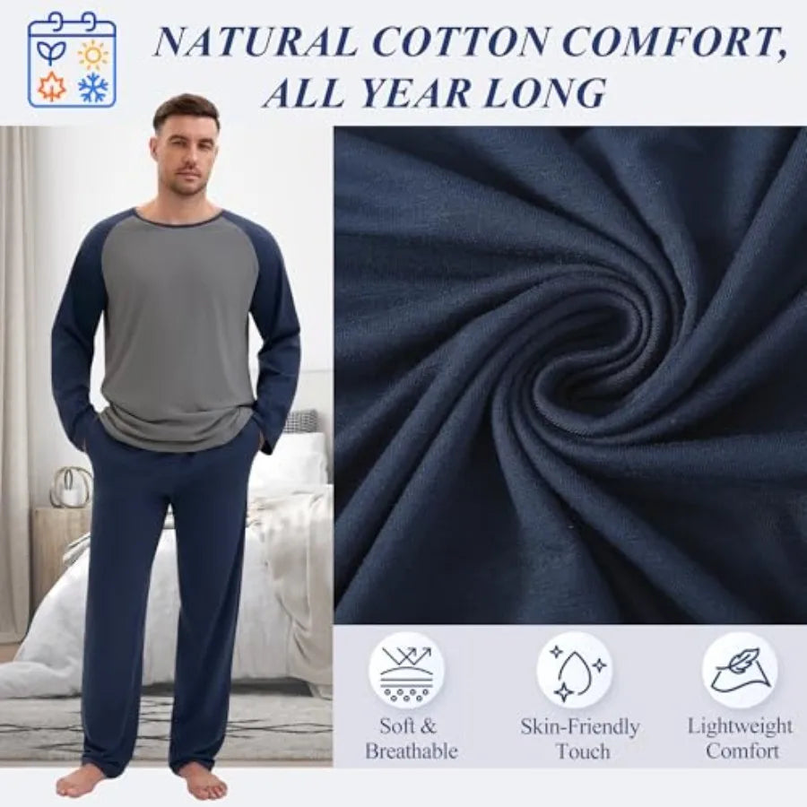 Men's Polyester Pajama Set 2-Piece Long Sleeve Nightwear With Pockets