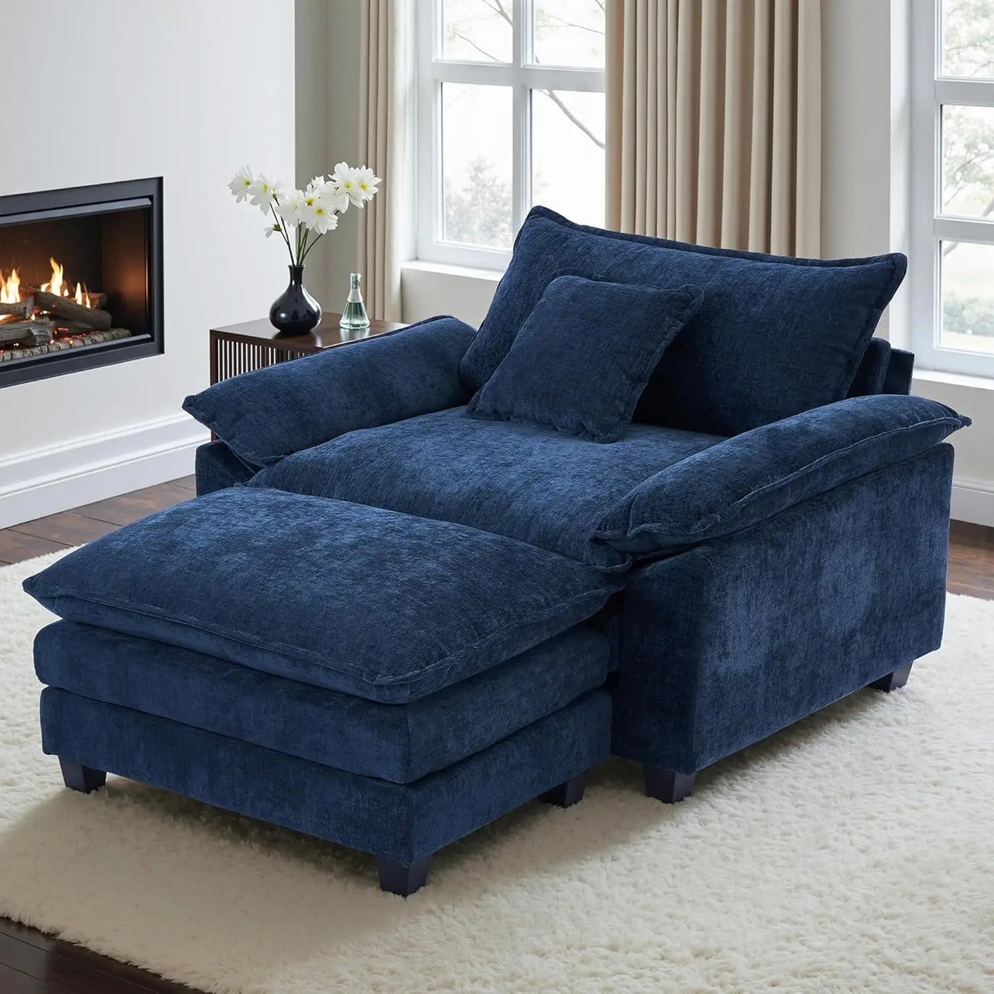 HUANZHUANG Chenille Upholstered Accent Chair With Ottoman For Living Room And Reading