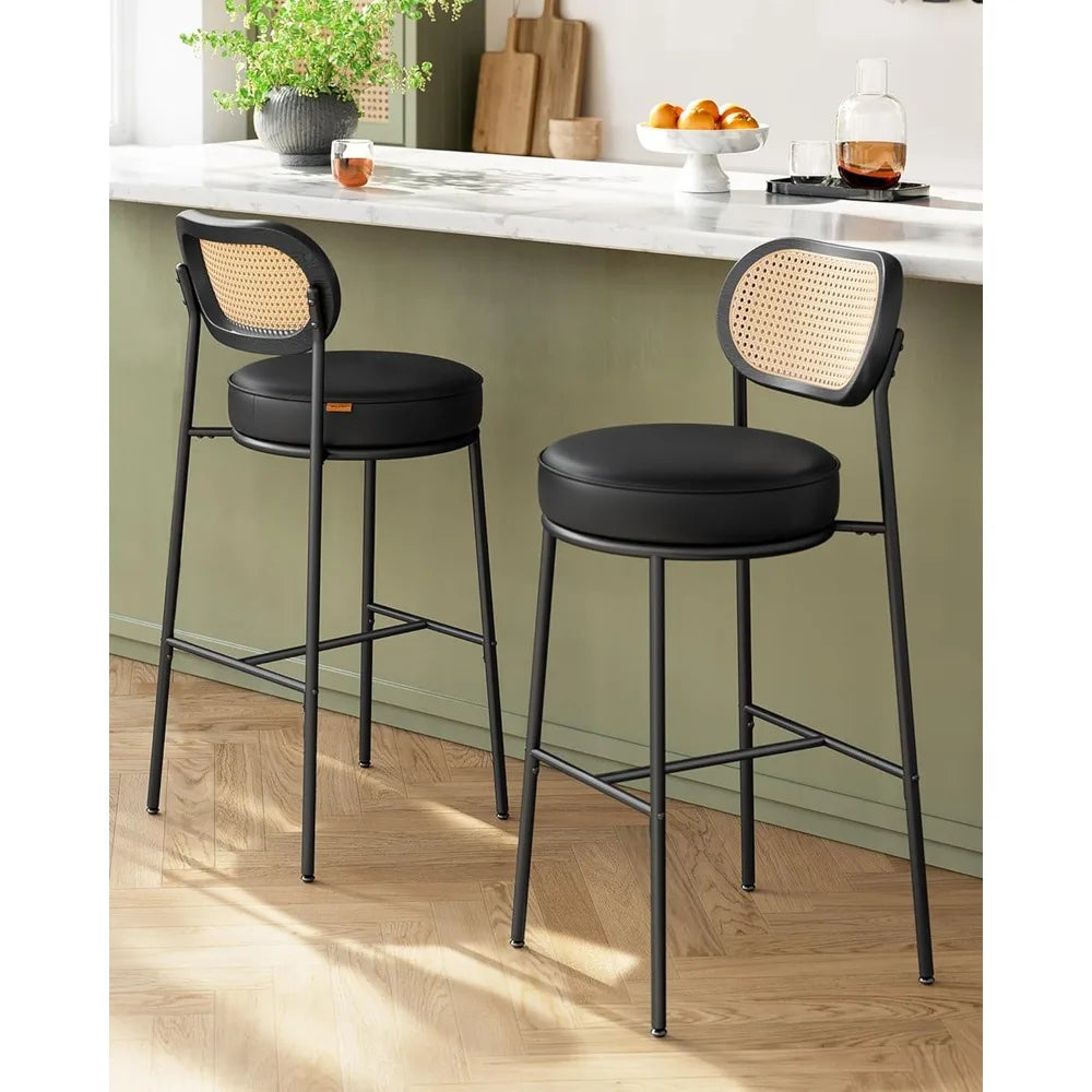 Rattan Backrest Bar Stools Set of 2 With Metal Legs
