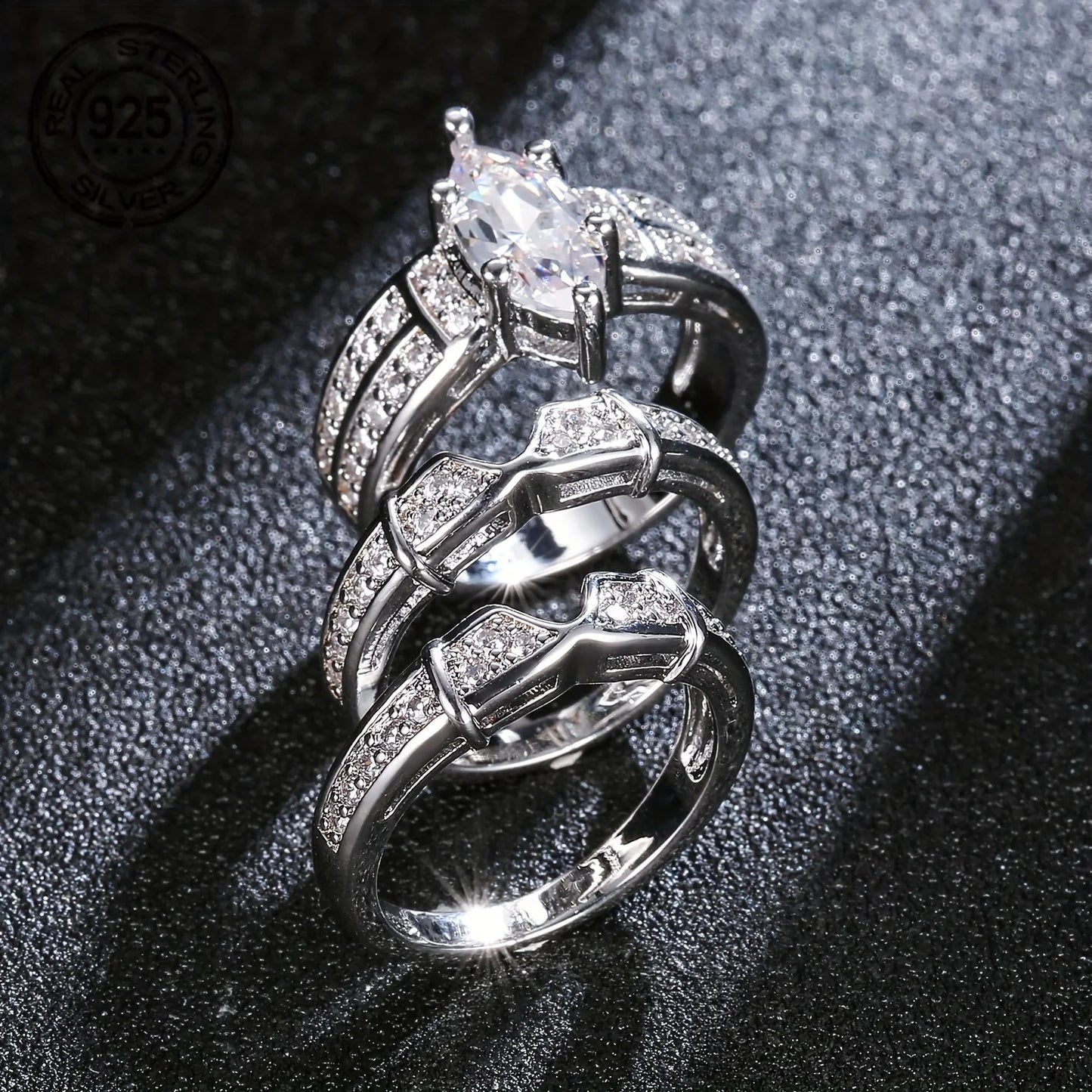 WPOOCC 3pc Sterling Silver Stackable Geometric Wedding Rings