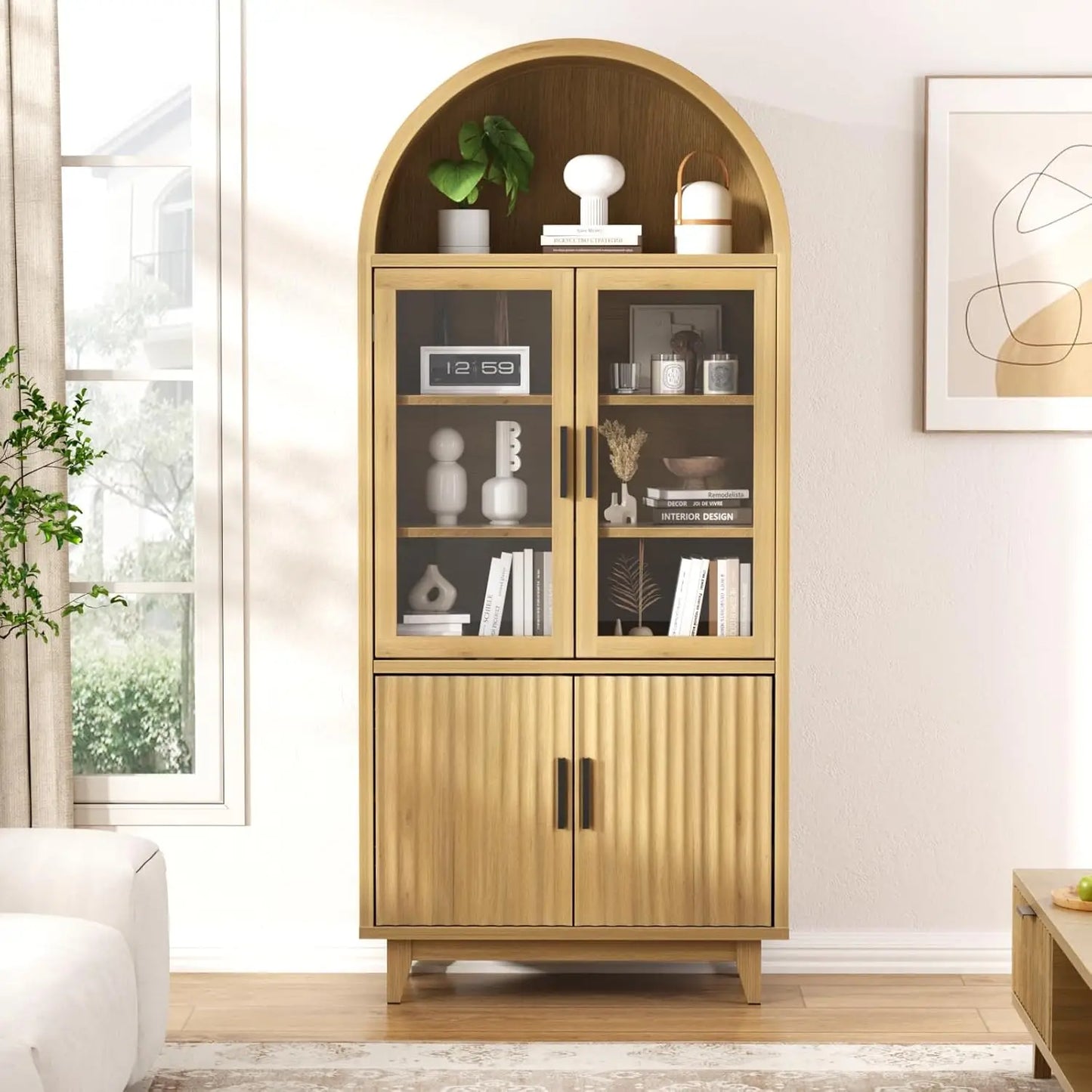 XMSJ Arched Fluted Door Cabinet With Tempered Glass