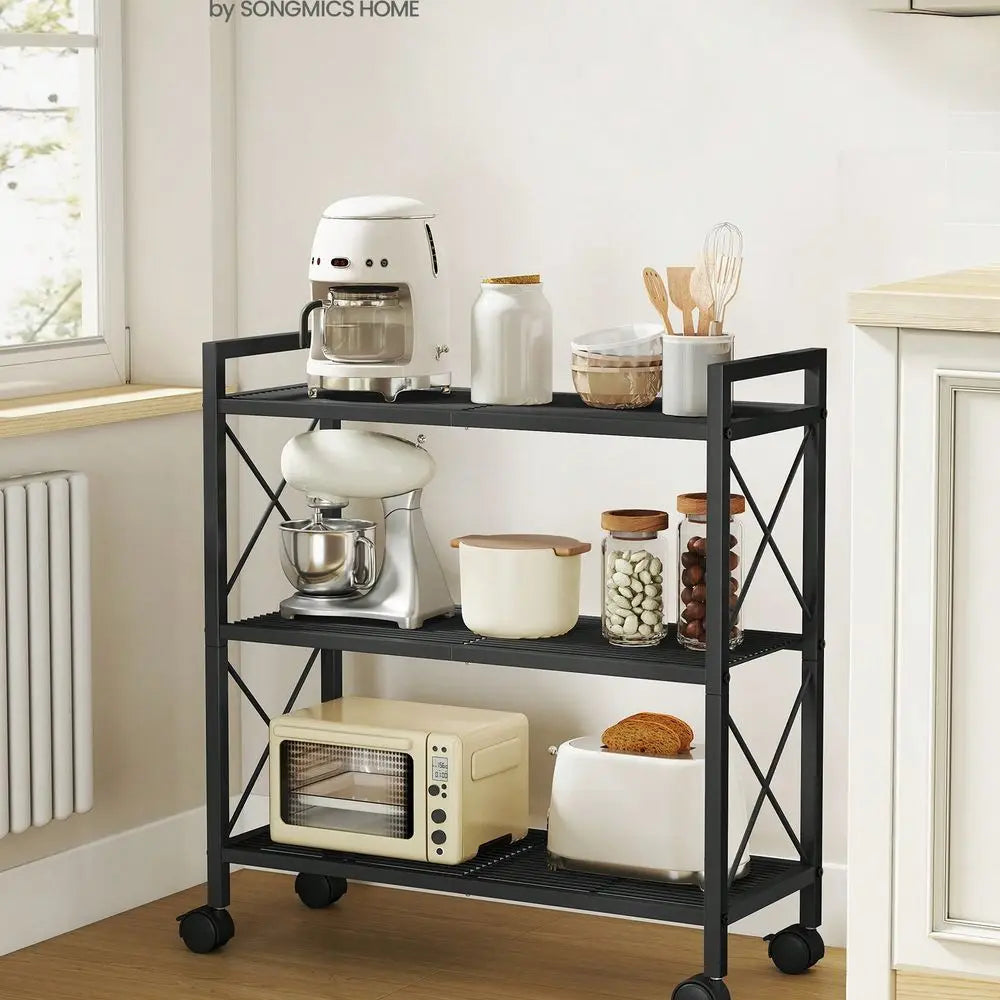 Three Tier Metal Storage Rack With Wheels Mesh Shelving Unit