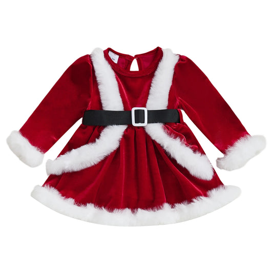Toddler Winter Velvet Romper Dress With Faux Fur Trim And Bow