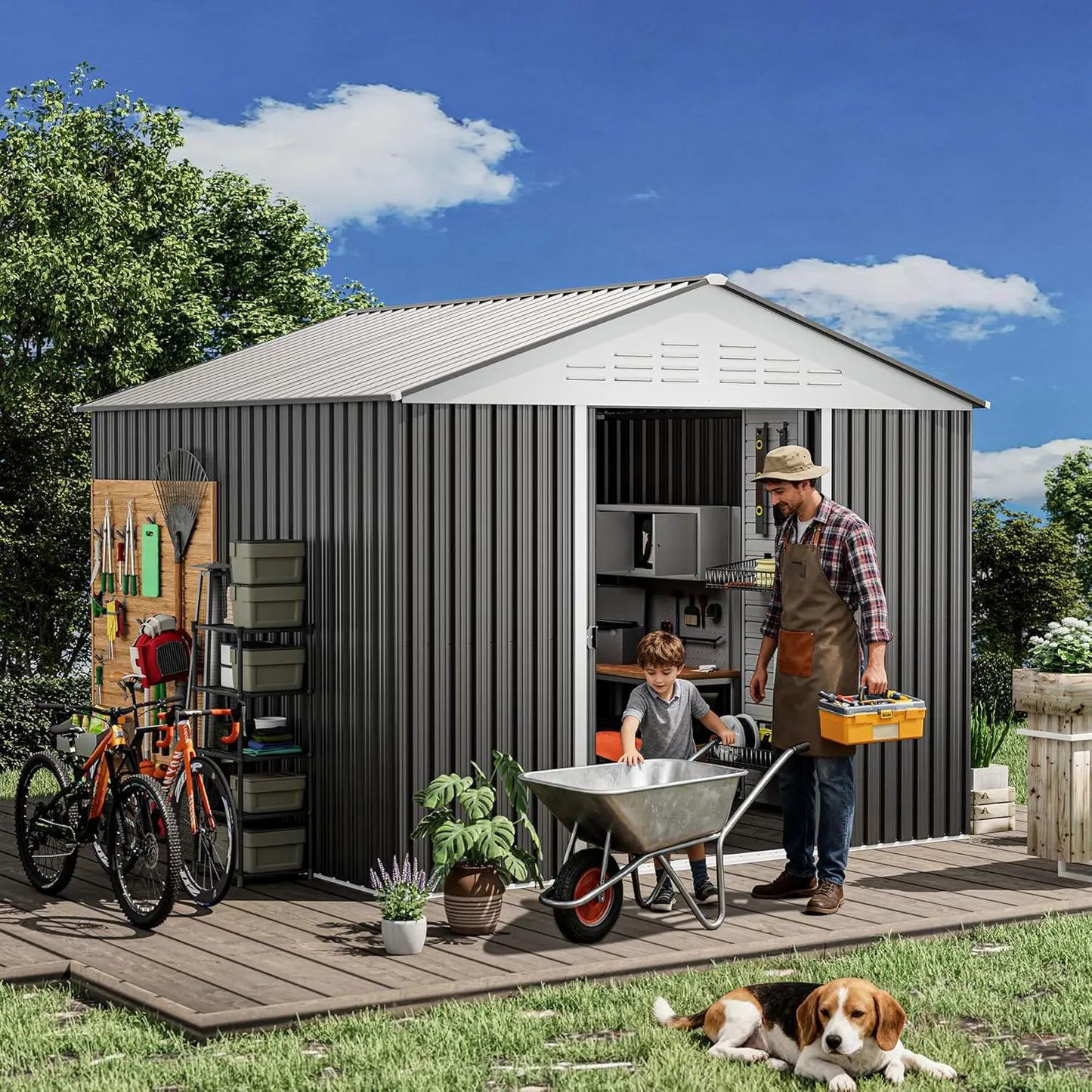 Outdoor Metal Storage Shed With Sliding Door For Backyard