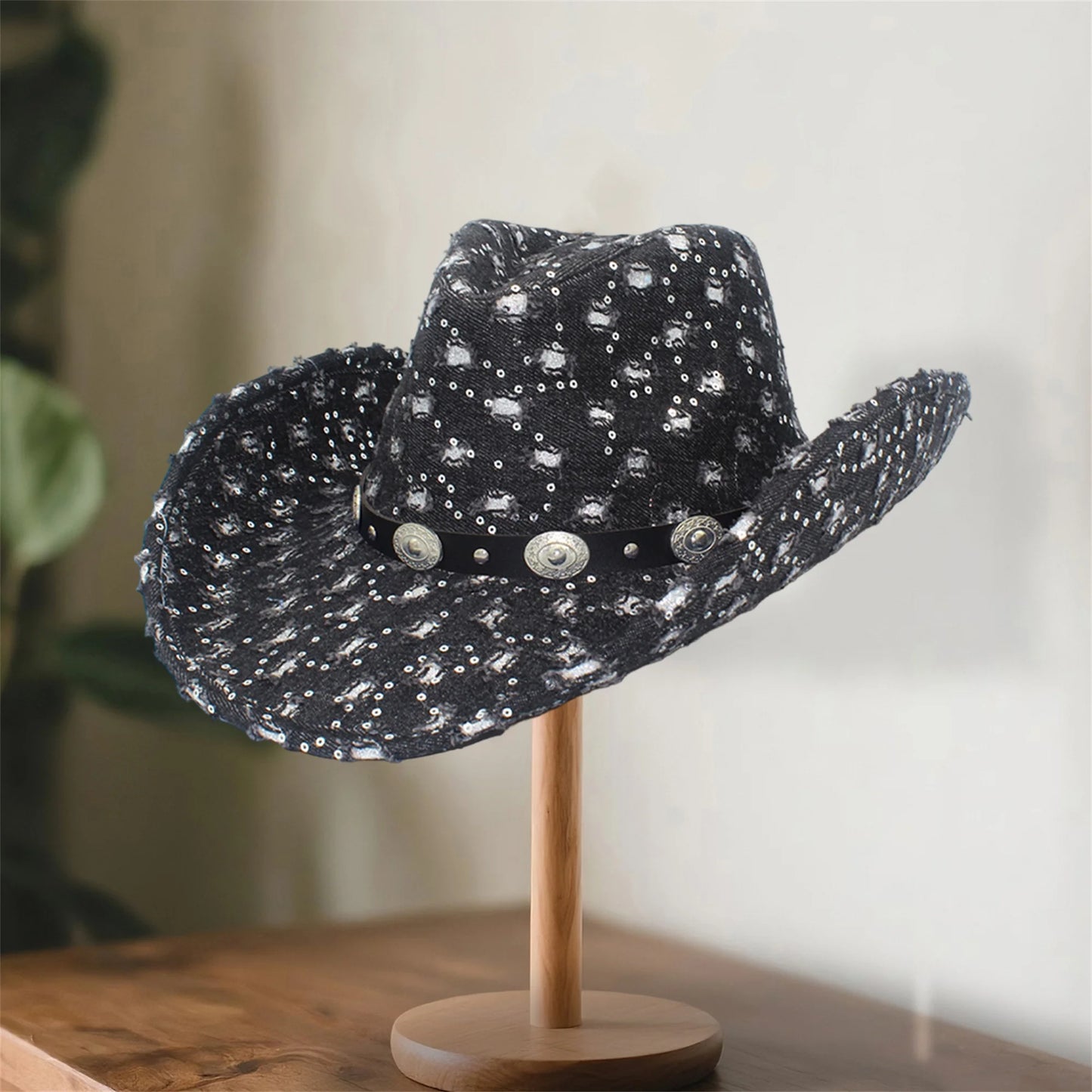 NONECN Vintage Distressed Cowboy Hat With Concho Band