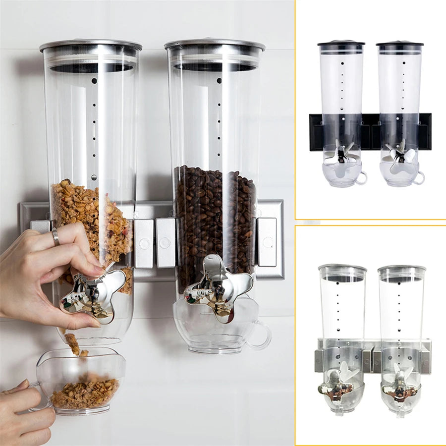 Wall Mounted 2 Barrel Cereal Dispenser With Dual Cup Storage