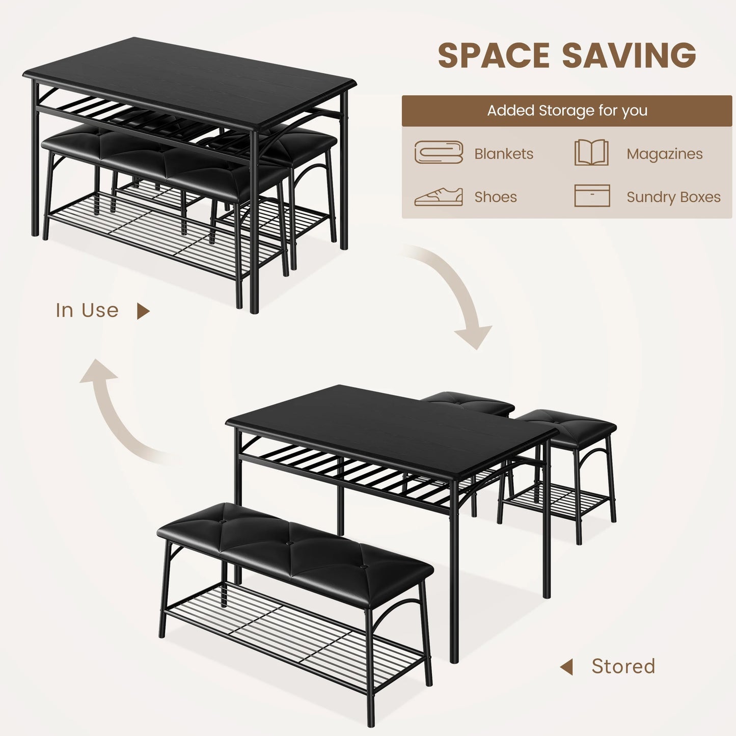 HobbyLane Dining Table Set For 4 With Upholstered Bench Stools