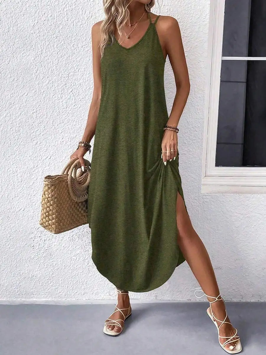 Sleeveless V Neck Maxi Dress With Side Slit Flowy Fit Casual Summer