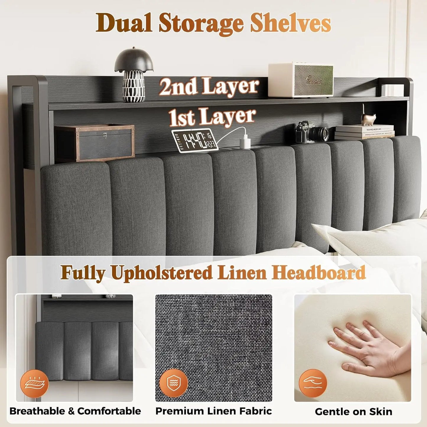 Bed Frame With Upholstered Headboard Charging Station Two Tier Drawers