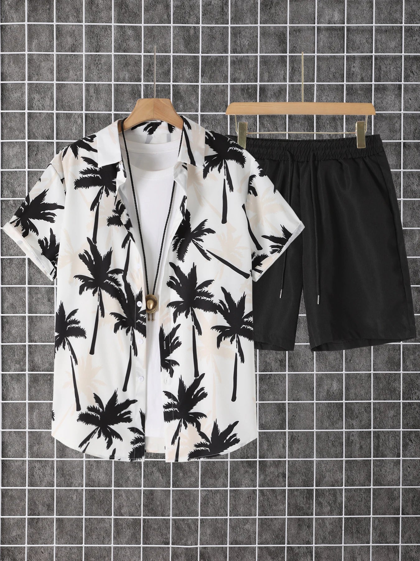 Men's Two-Piece Short Sleeve Button-Down Shirt And Drawstring Pants Set