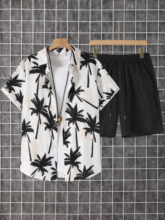 Men's Two-Piece Short Sleeve Button-Down Shirt And Drawstring Pants Set
