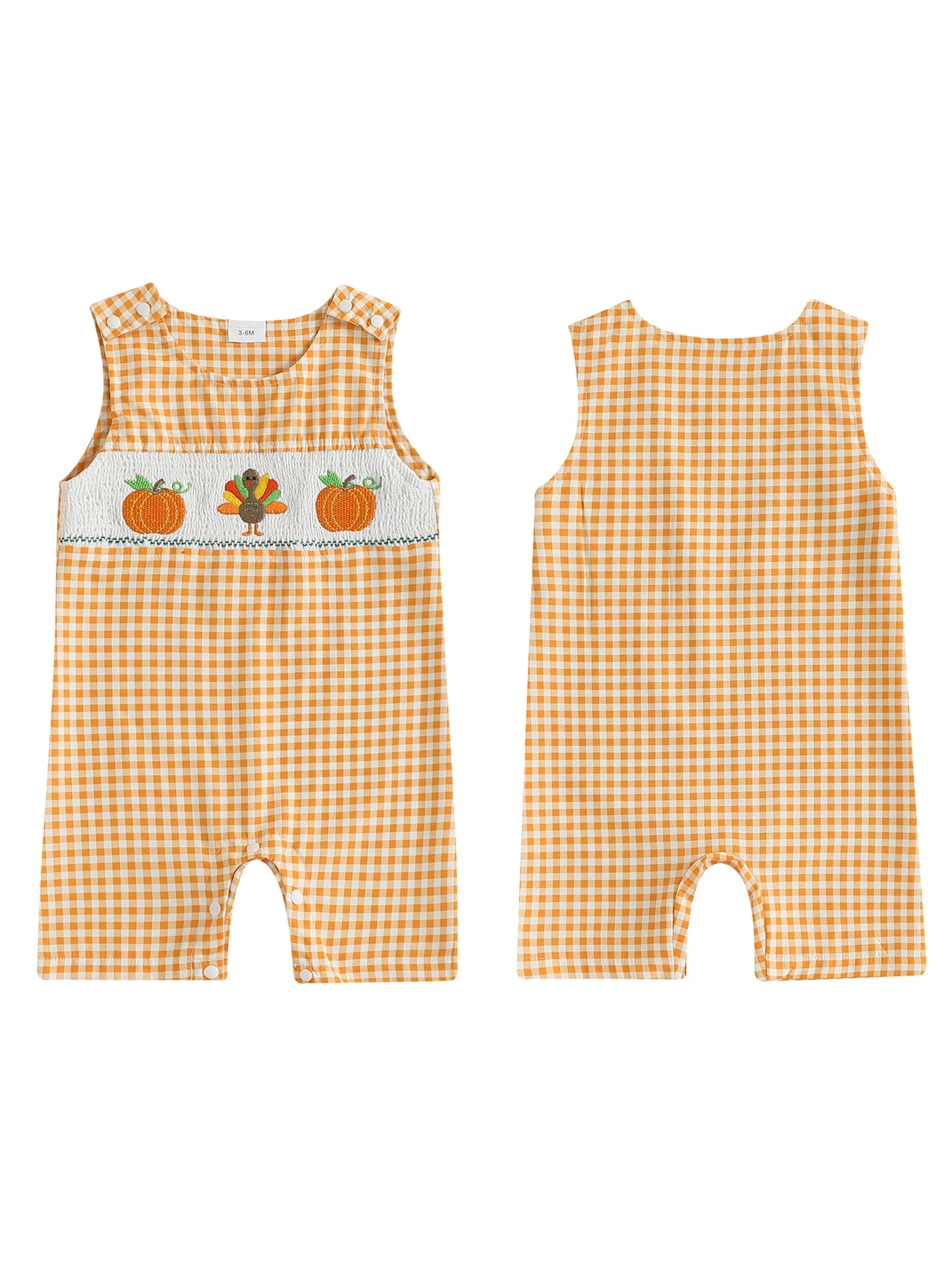 NONECN Thanksgiving Plaid Baby Bodysuit With Turkey And Pumpkin Embroidery