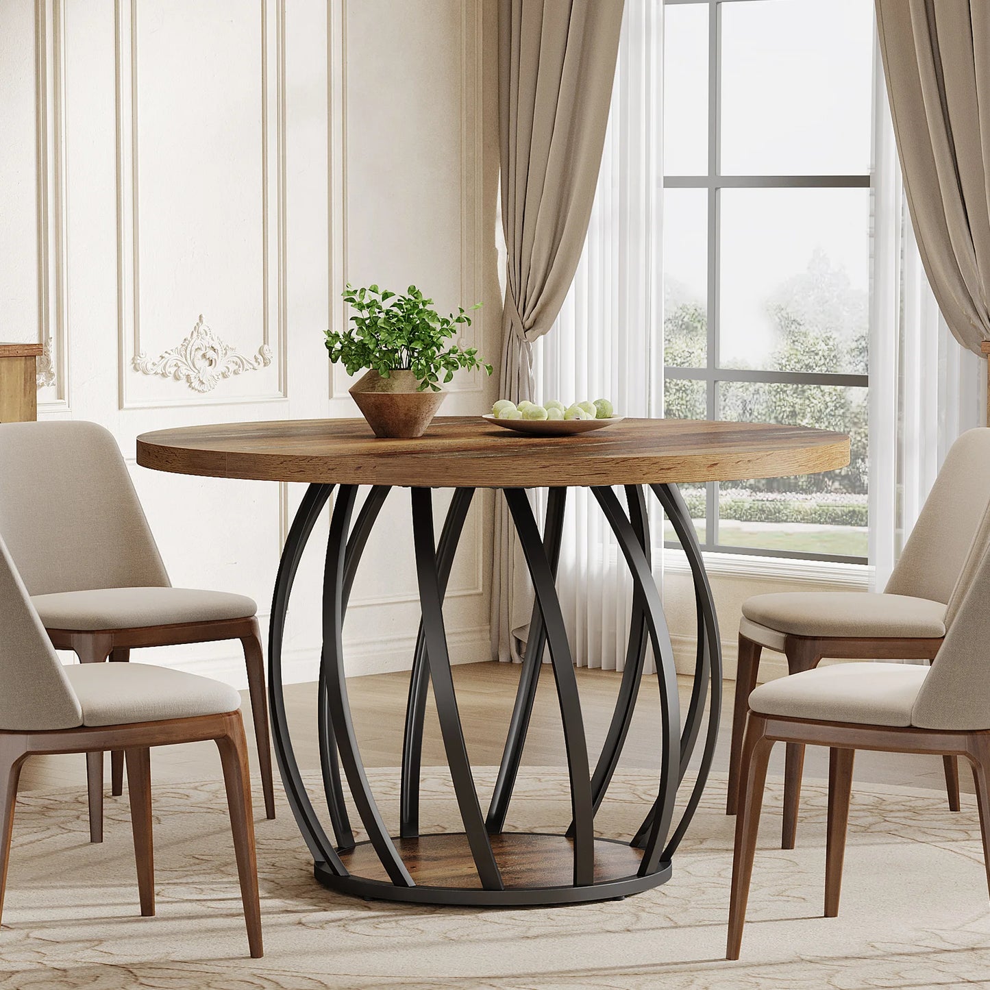 Tribesigns Round Wood Dining Table With Sturdy Metal Base