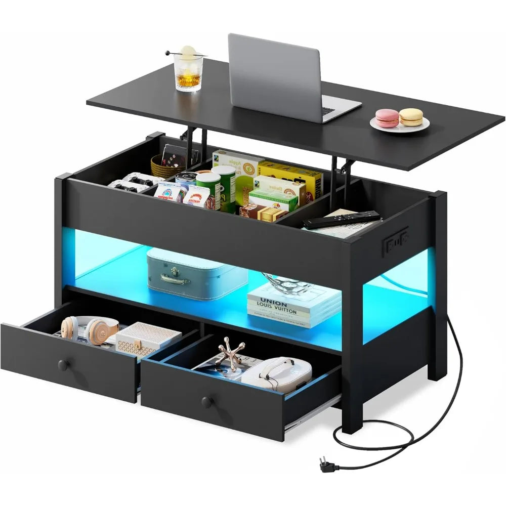 Lift Top Coffee Table With LED Light and Two Drawers
