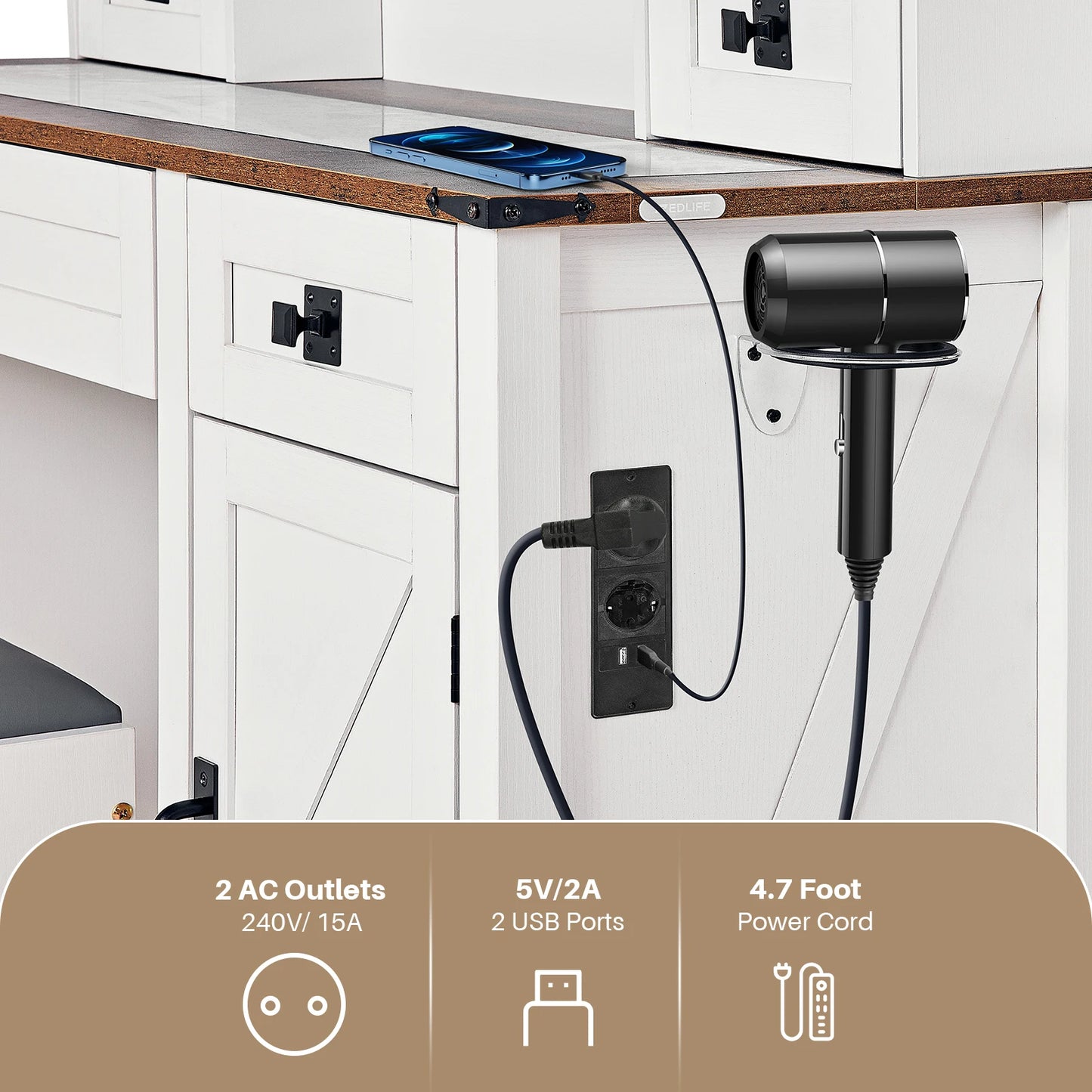 Redlife Farmhouse Vanity Desk Glass Tabletop Stool Lights