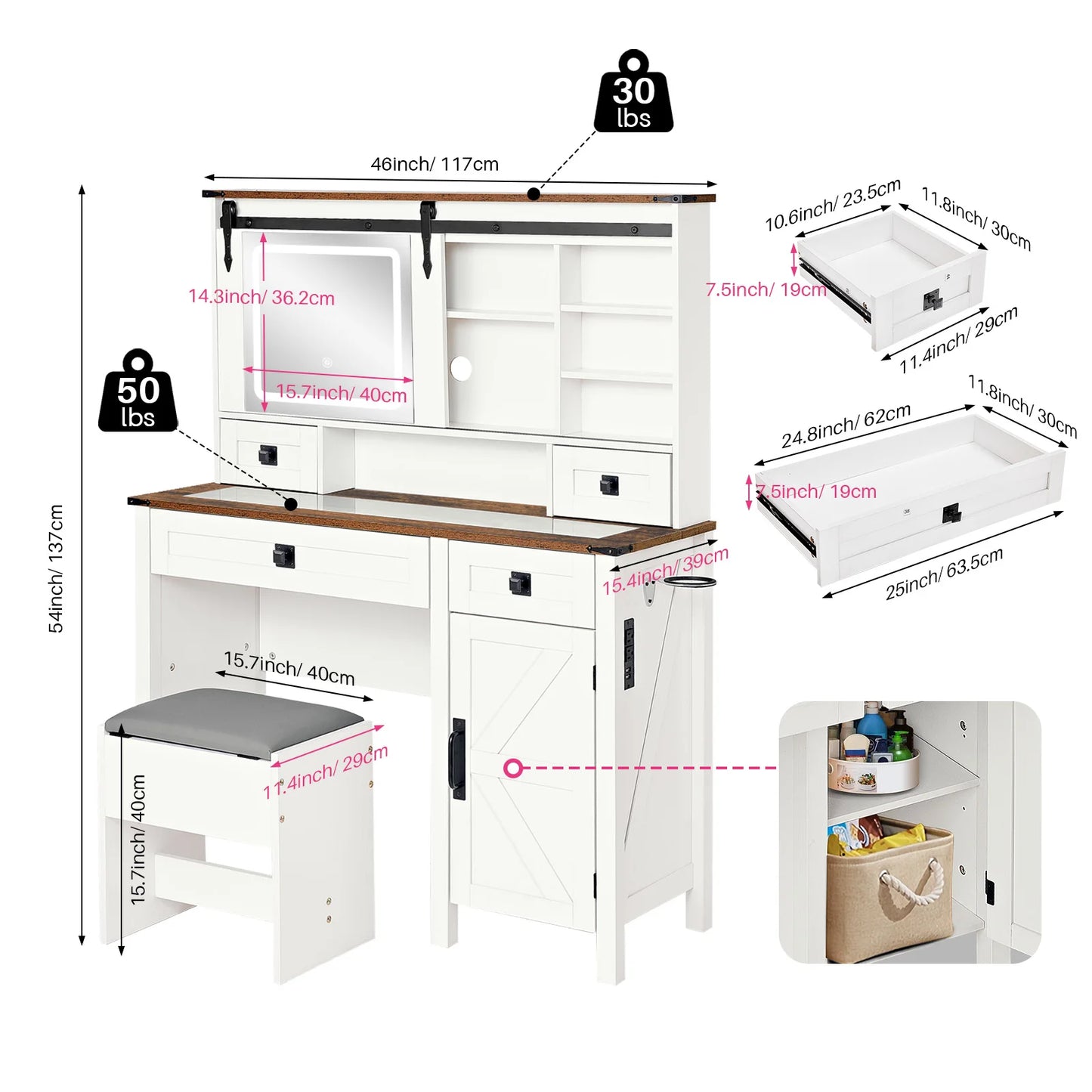 Redlife Farmhouse Vanity Desk Glass Tabletop Stool Lights