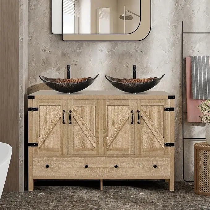 Huanzhuang Rustic Bathroom Vanity With Two Vessel Sinks