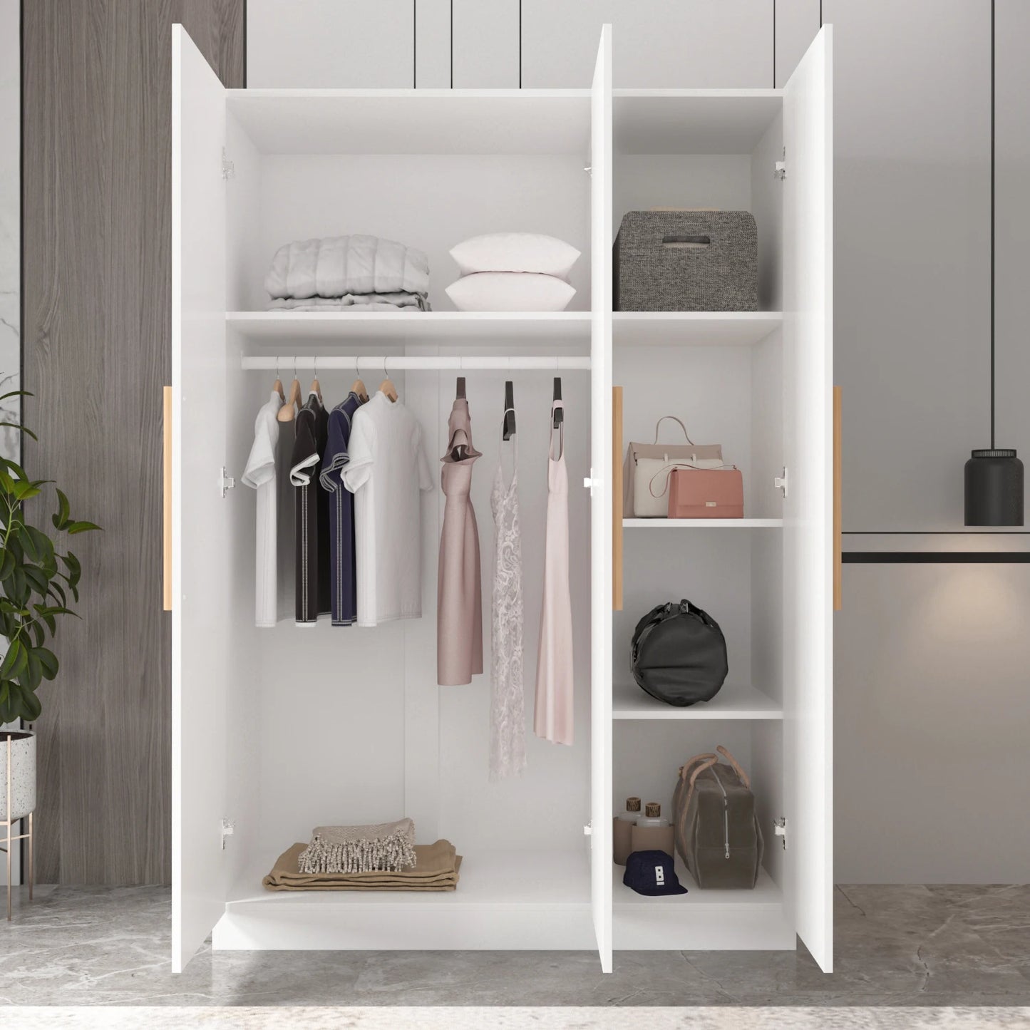 FUFU&GAGA 3-Door Armoire Wardrobe Easy-To-Assemble For Clothes Storage Shelves Rod