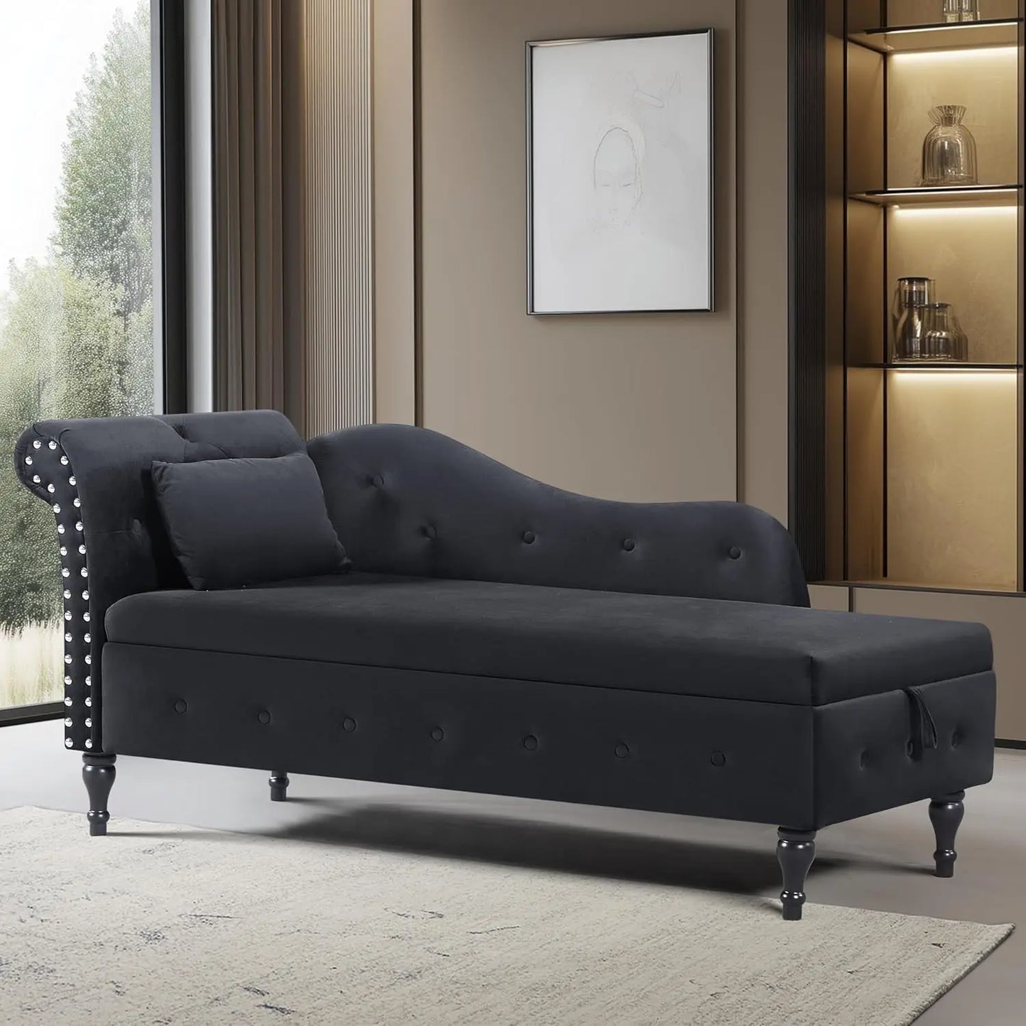 Huanzhuang Modern Velvet Upholstered Chaise Lounge With Button Tufting And Solid Wood Legs