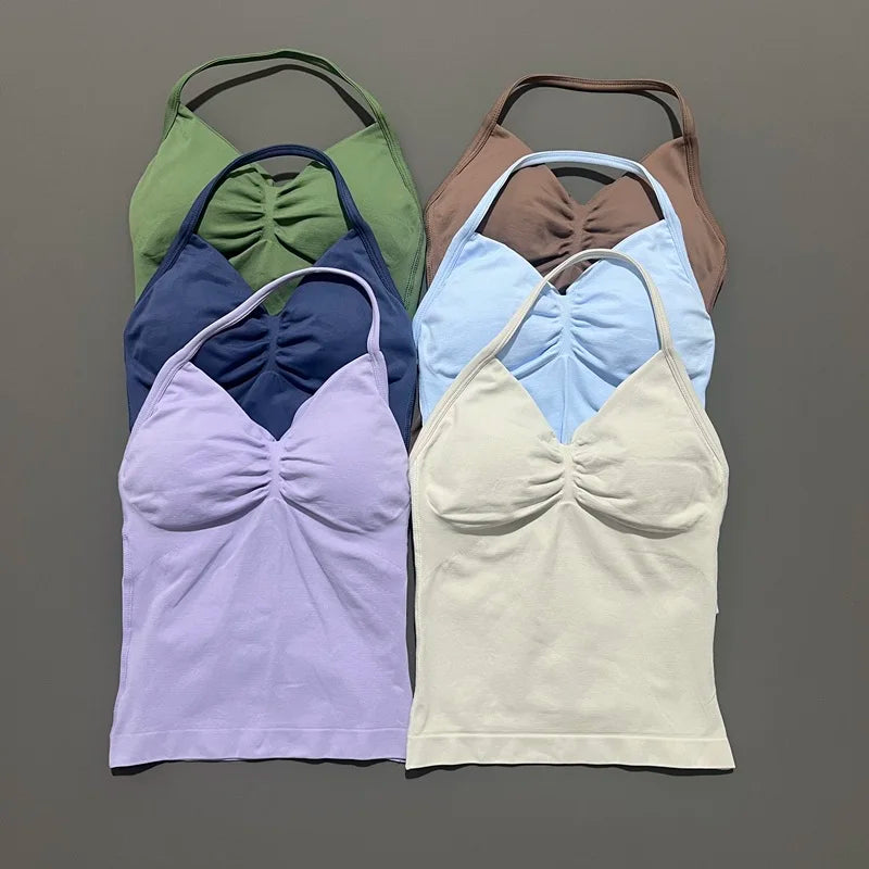 Women Gym Halter Top Longline Strappy Yoga Tank Removable Cups