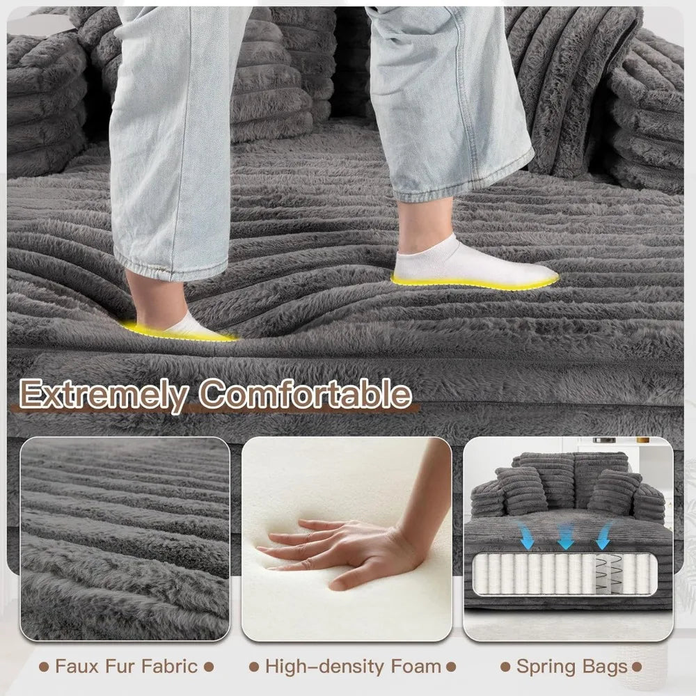 Oversized Faux Fur Chaise Lounge Sleeper Sofa with Pillows