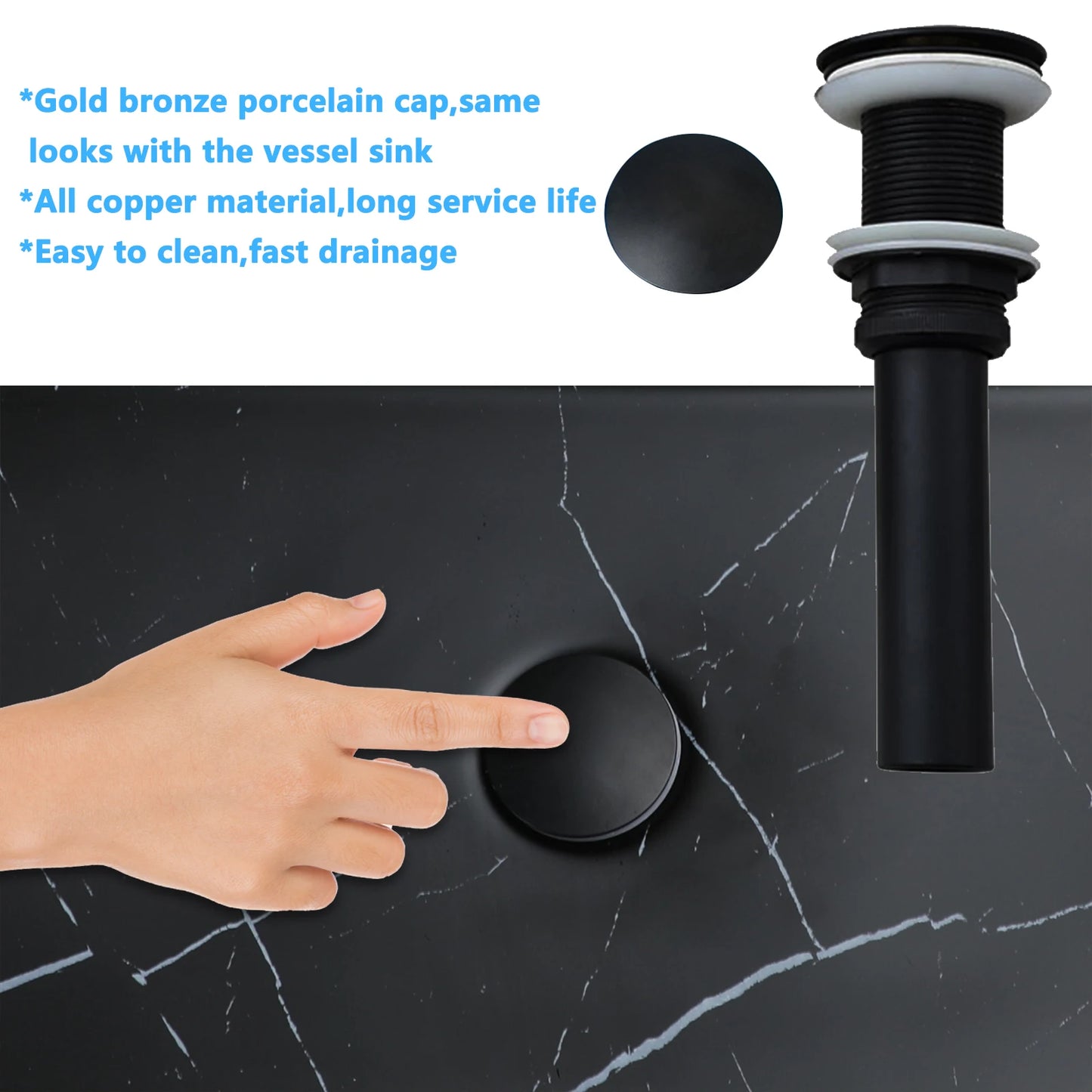 KEMAIDI Black Vanity Rectangle Marble Vessel Sink With Faucet Set