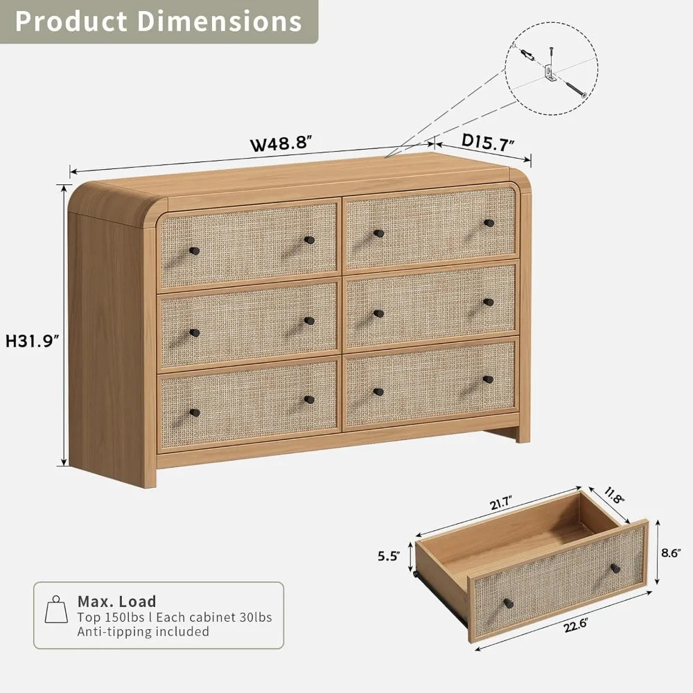 TIFICY Boho Rattan 6 Drawer Dresser For Bedroom Storage