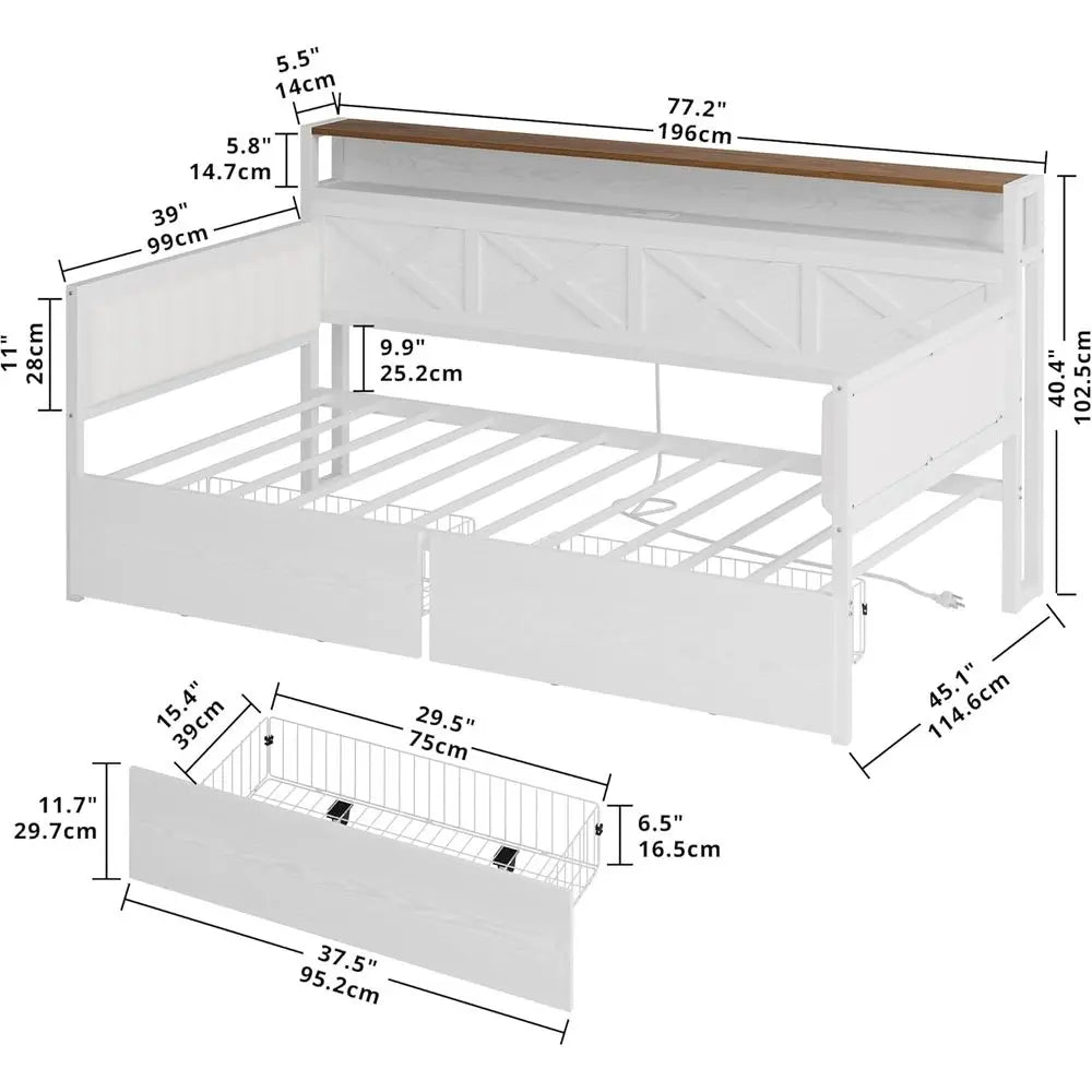 Twin Daybed With Storage Metal Frame Headboard Charging Station