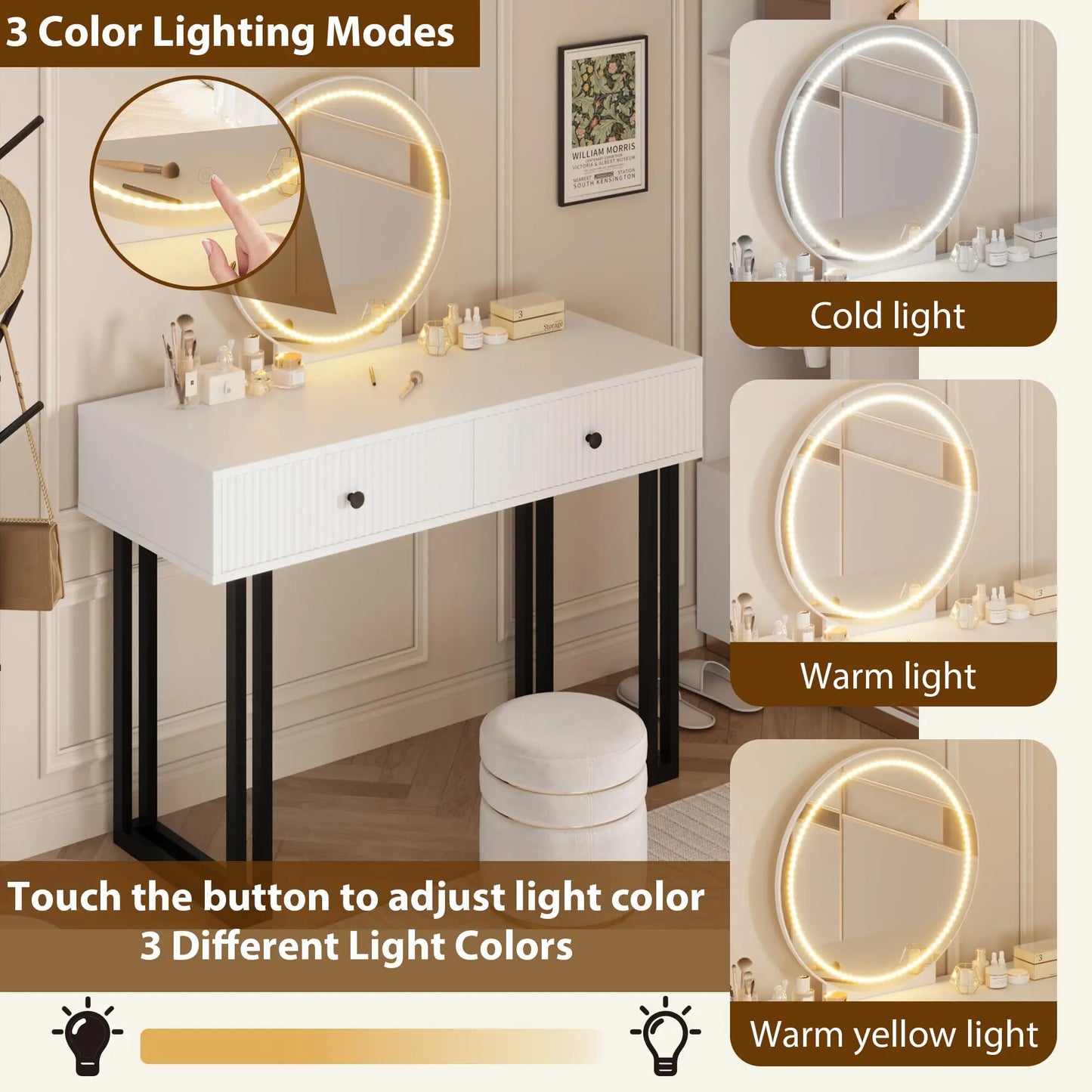 HiMISS Vanity Desk With LED Mirror And Lights 2 Drawers