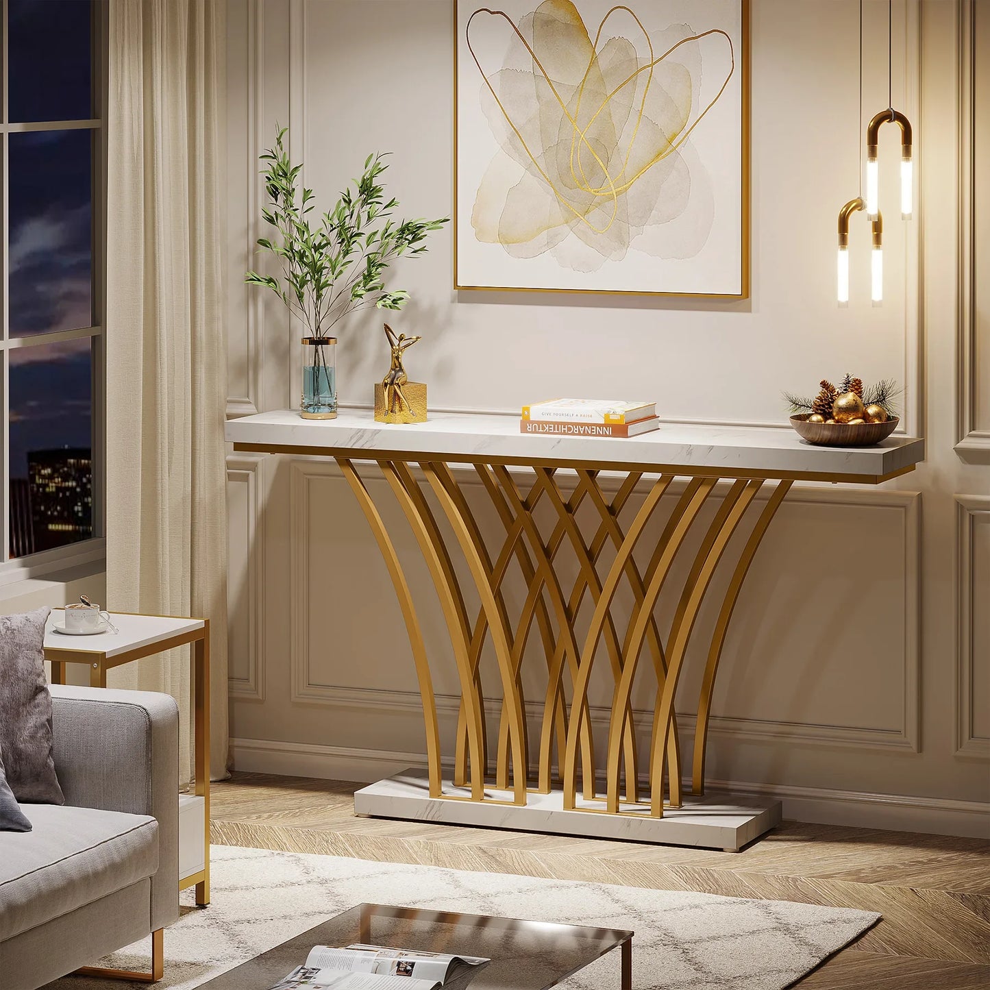 Tribesigns Modern Gold Console Table With Grid Base For Entryway