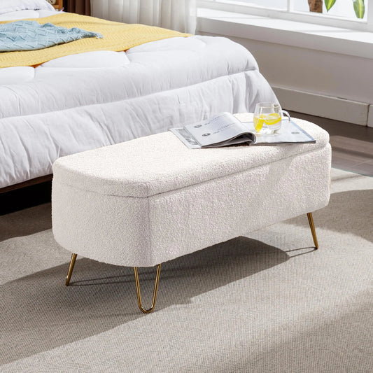 TODRAN LuxuriouslyCrafted Boucle Sherpa Upholstered Storage Ottoman Bench Gold Legs