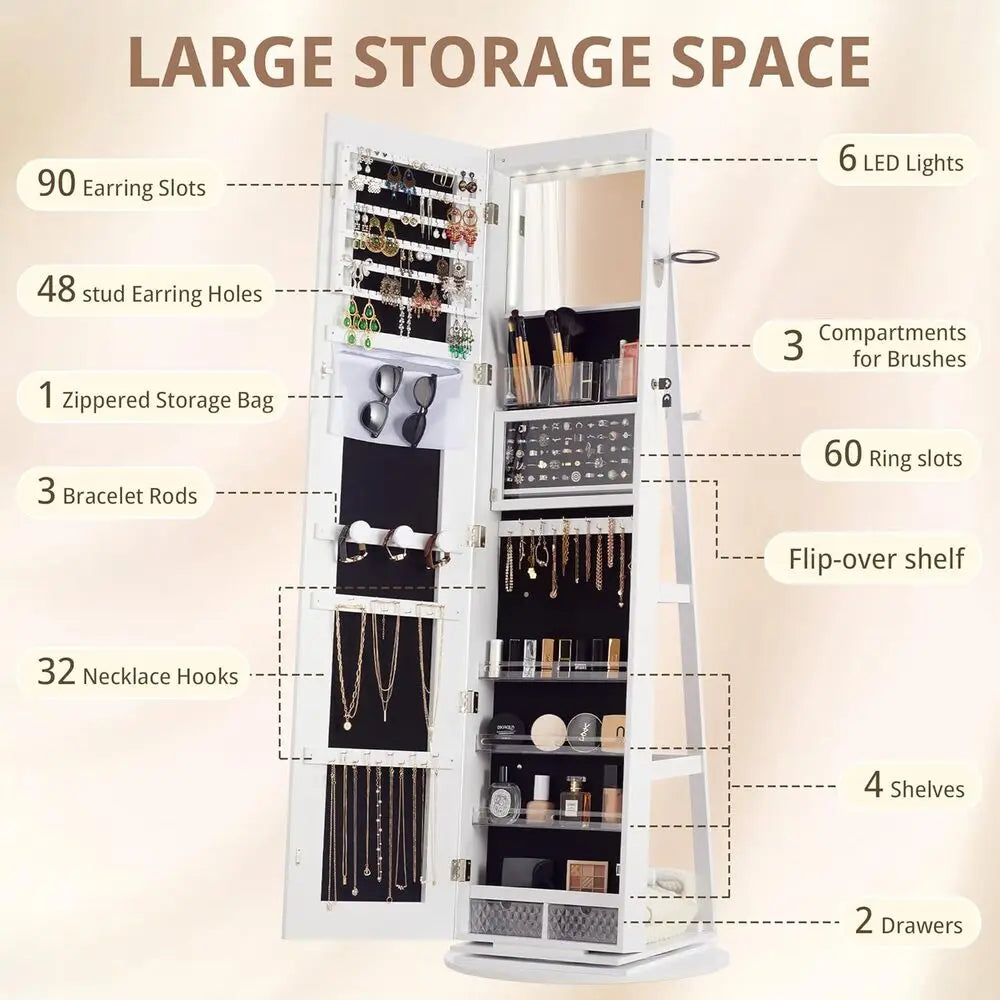 IRONCK LED Mirror Jewelry Cabinet Standing Armoire Lights