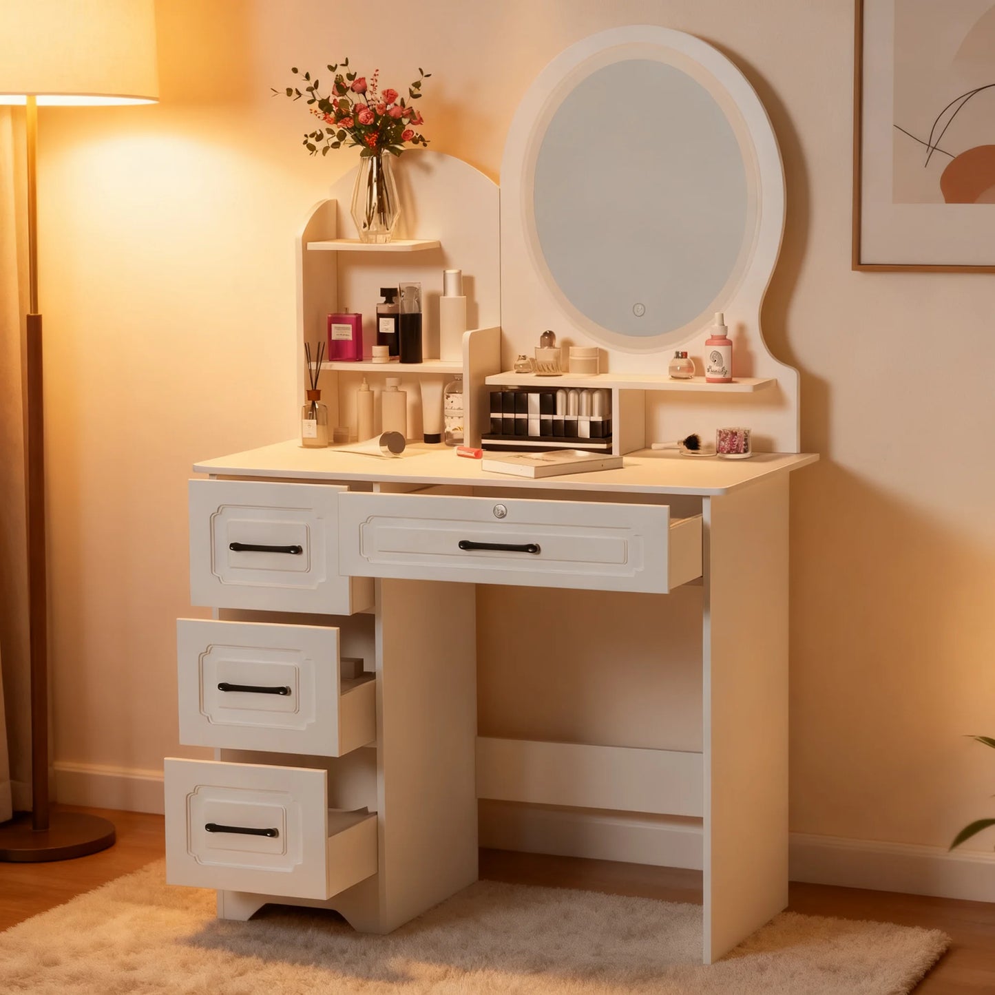 Modern Makeup Vanity Table With Mirror And Lights And Storage