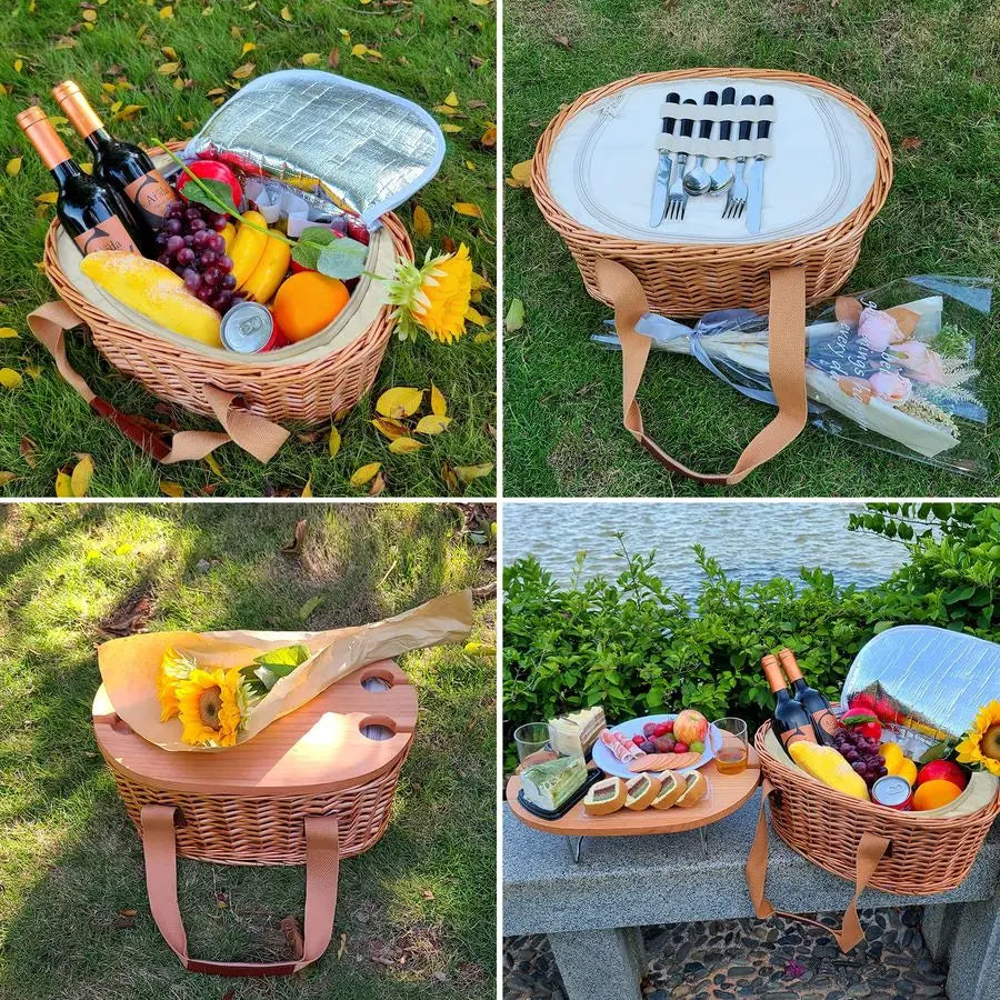 Wicker Picnic Basket Set For Four With Table And Cooler
