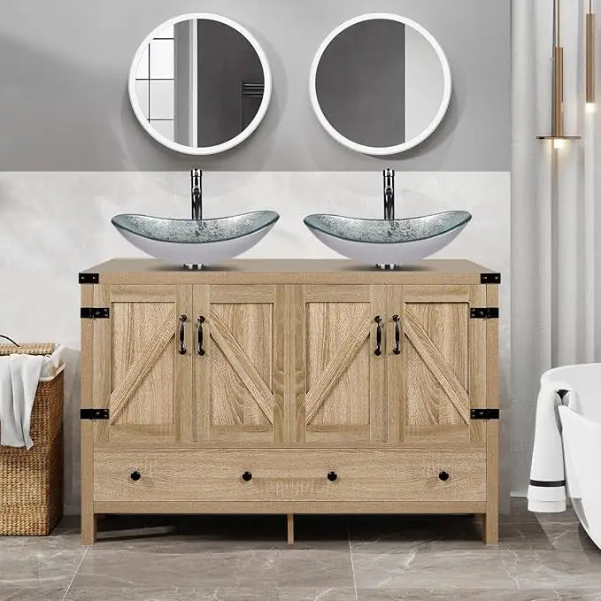 HUANZHUANG Rustic Bathroom Vanity With Ceramic Vessel Sinks