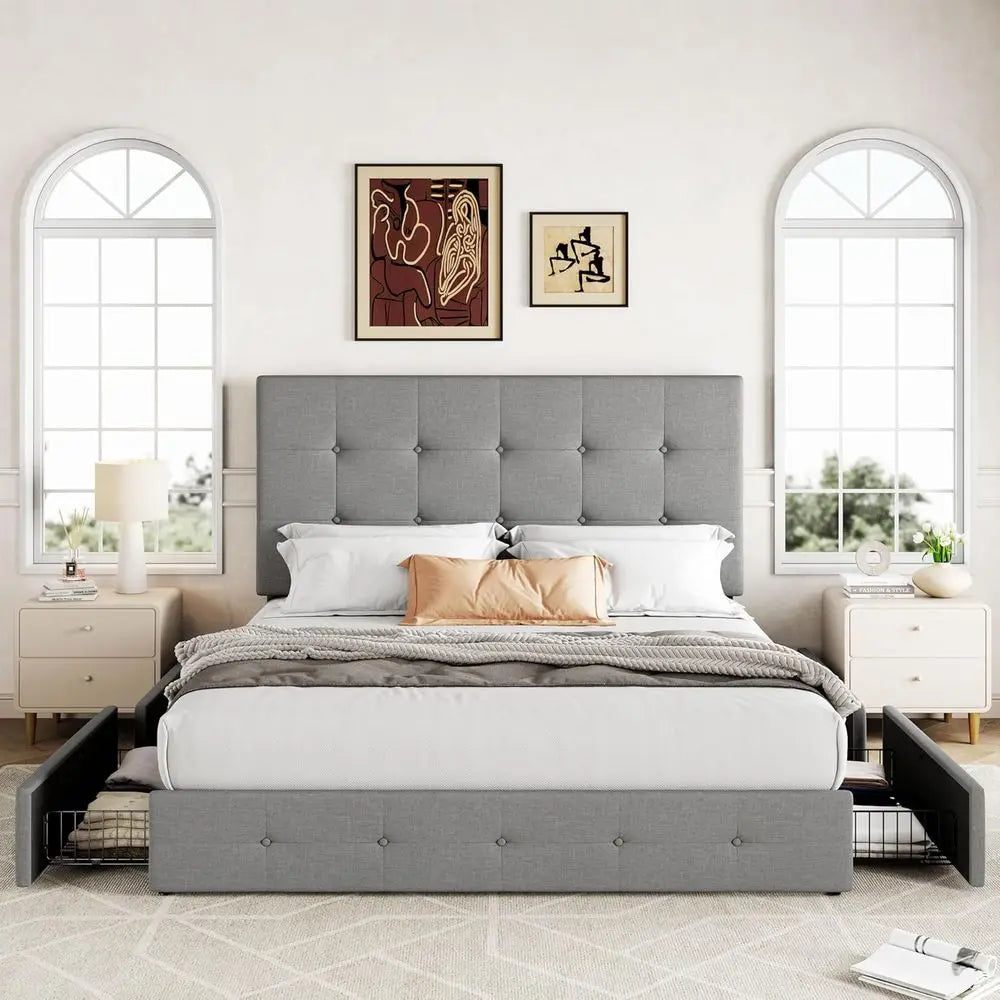 Upholstered Platform Bed With Four Drawers Button Tufted