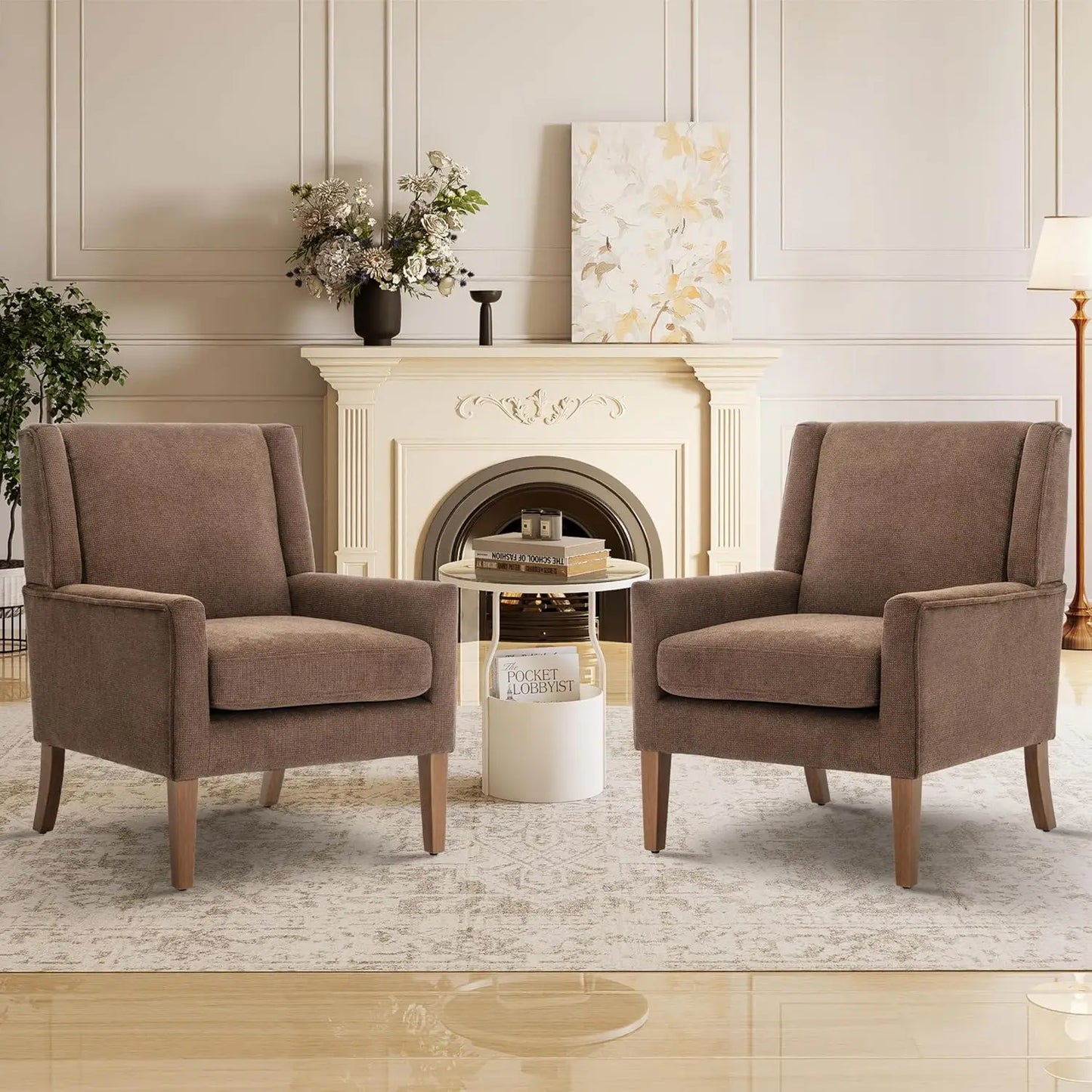 Wingback Accent Chair Set in Velvet with Wood Legs