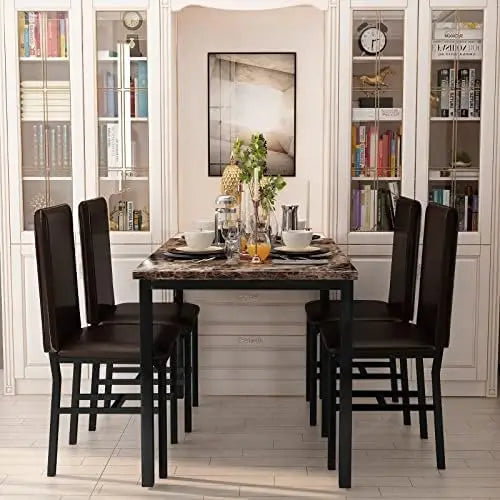 Marble Dining Table Set For 4 With PU Leather Chairs