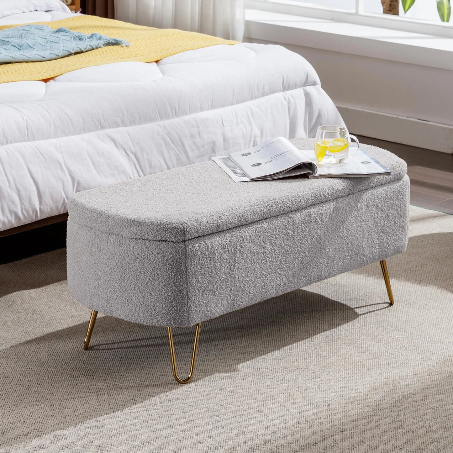 TODRAN LuxuriouslyCrafted Boucle Sherpa Upholstered Storage Ottoman Bench Gold Legs