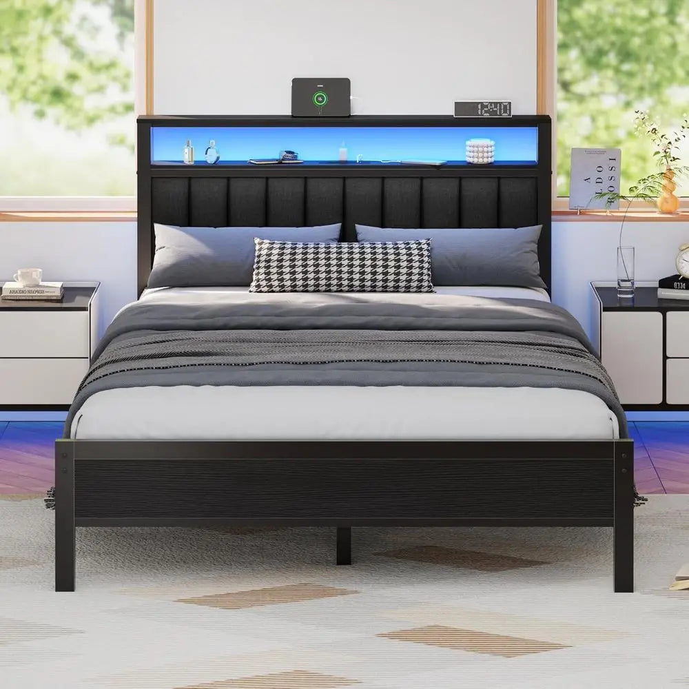 Queen Platform Bed With Charging Station LED Lights And Storage