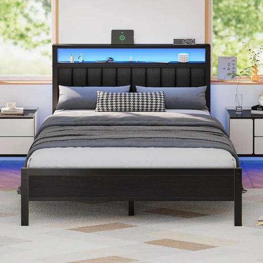 Queen Platform Bed With Charging Station LED Lights And Storage