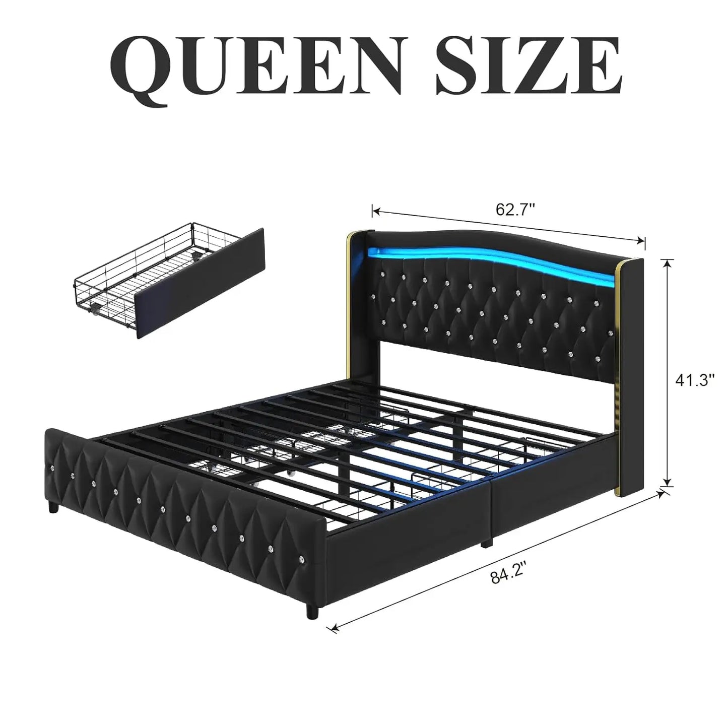 Wingback Upholstered Platform Bed With RGB LED Lights And Storage